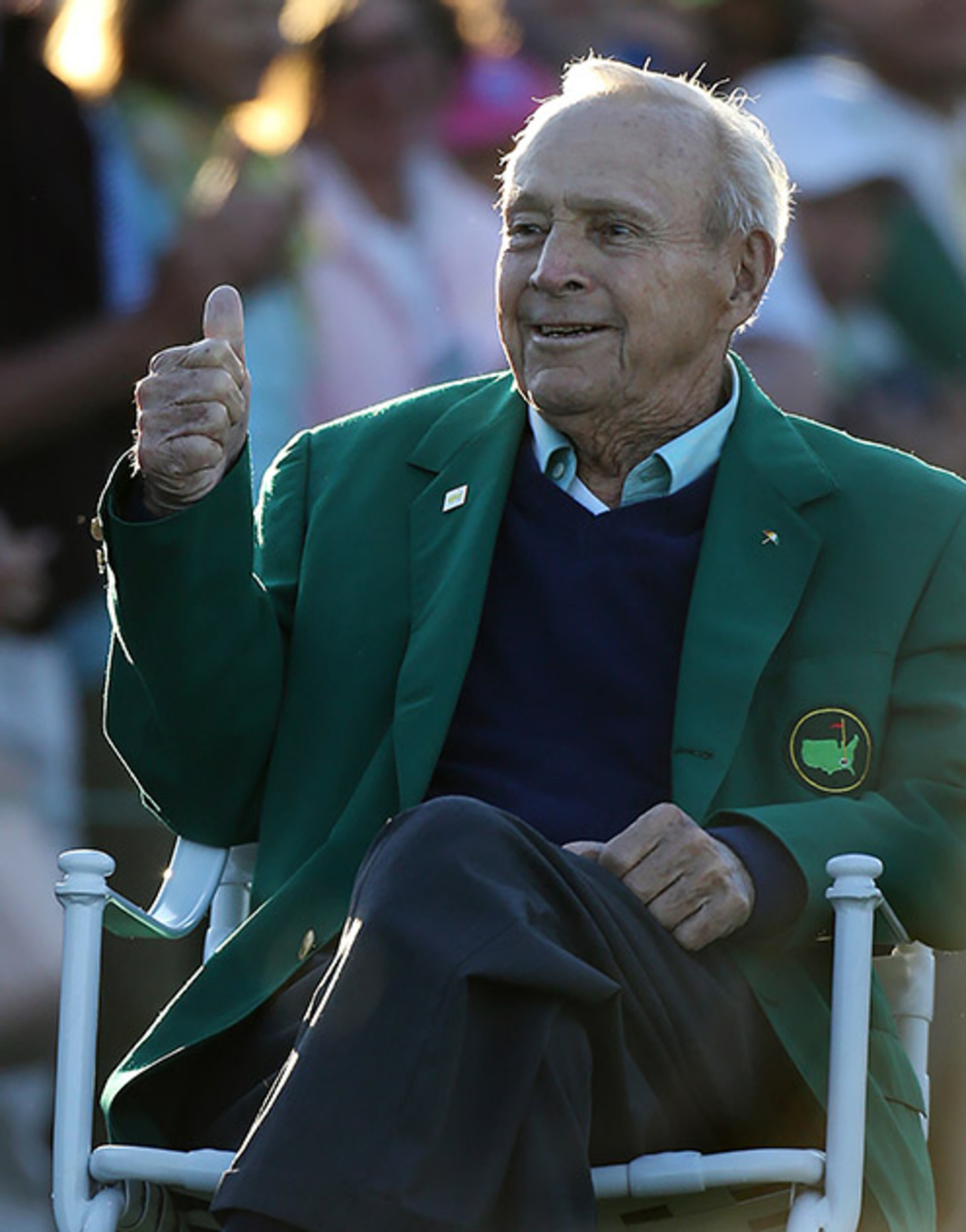 Honorary starter Arnold Palmer gives the thumbs up from his chair on the first tee to help begin the Masters at Augusta National Golf Club on Thursday, April 7, 2016, in Augusta. Palmer did not hit the traditional ceremonial tee.