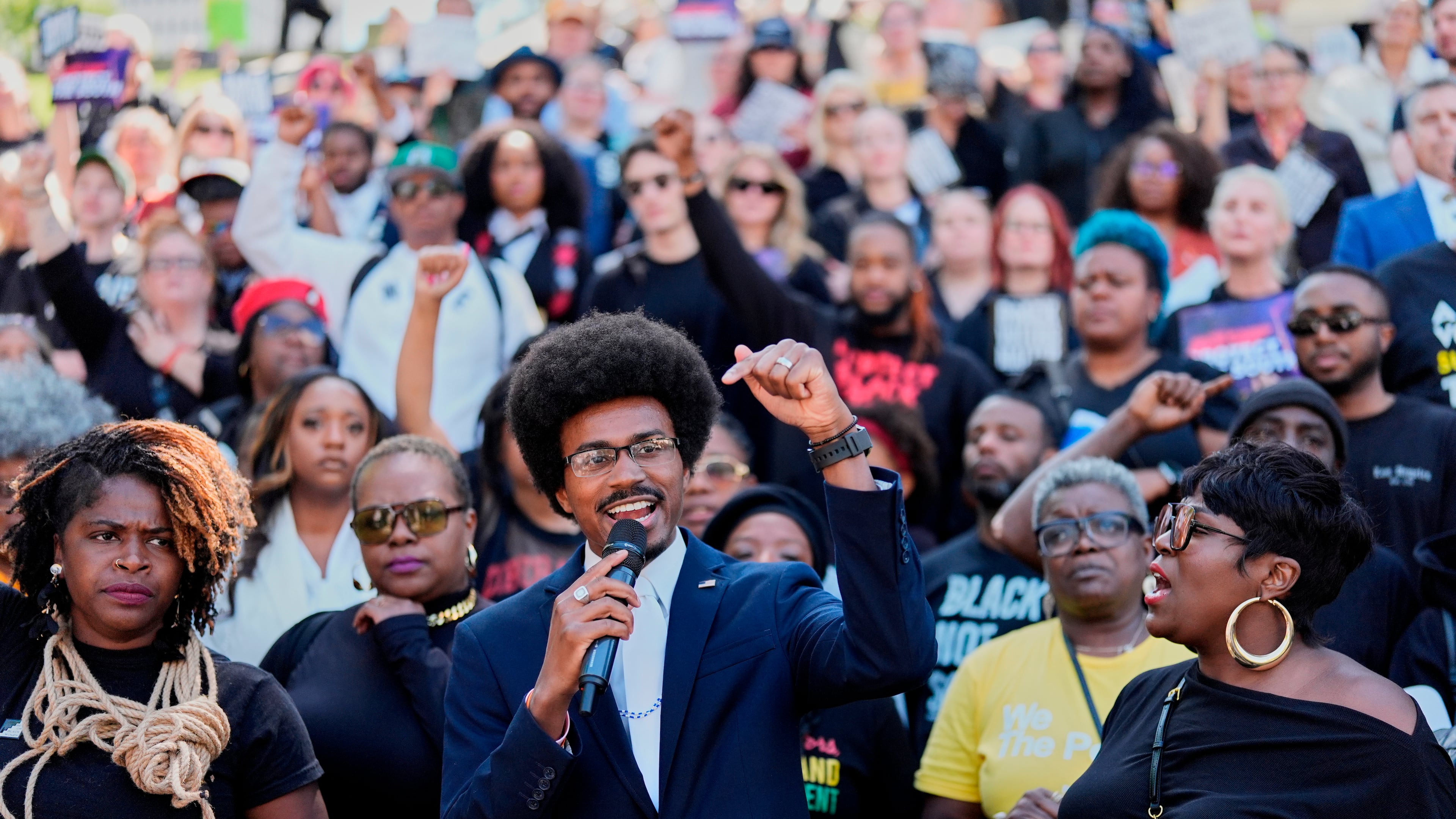 Rep. Justin J. Pearson, D-Memphis, speaks during a rally after a special session of the state legislature to redraw U.S. Congressional voting maps Thursday, May 7, 2026, in Nashville, Tenn. (AP Photo/George Walker IV)