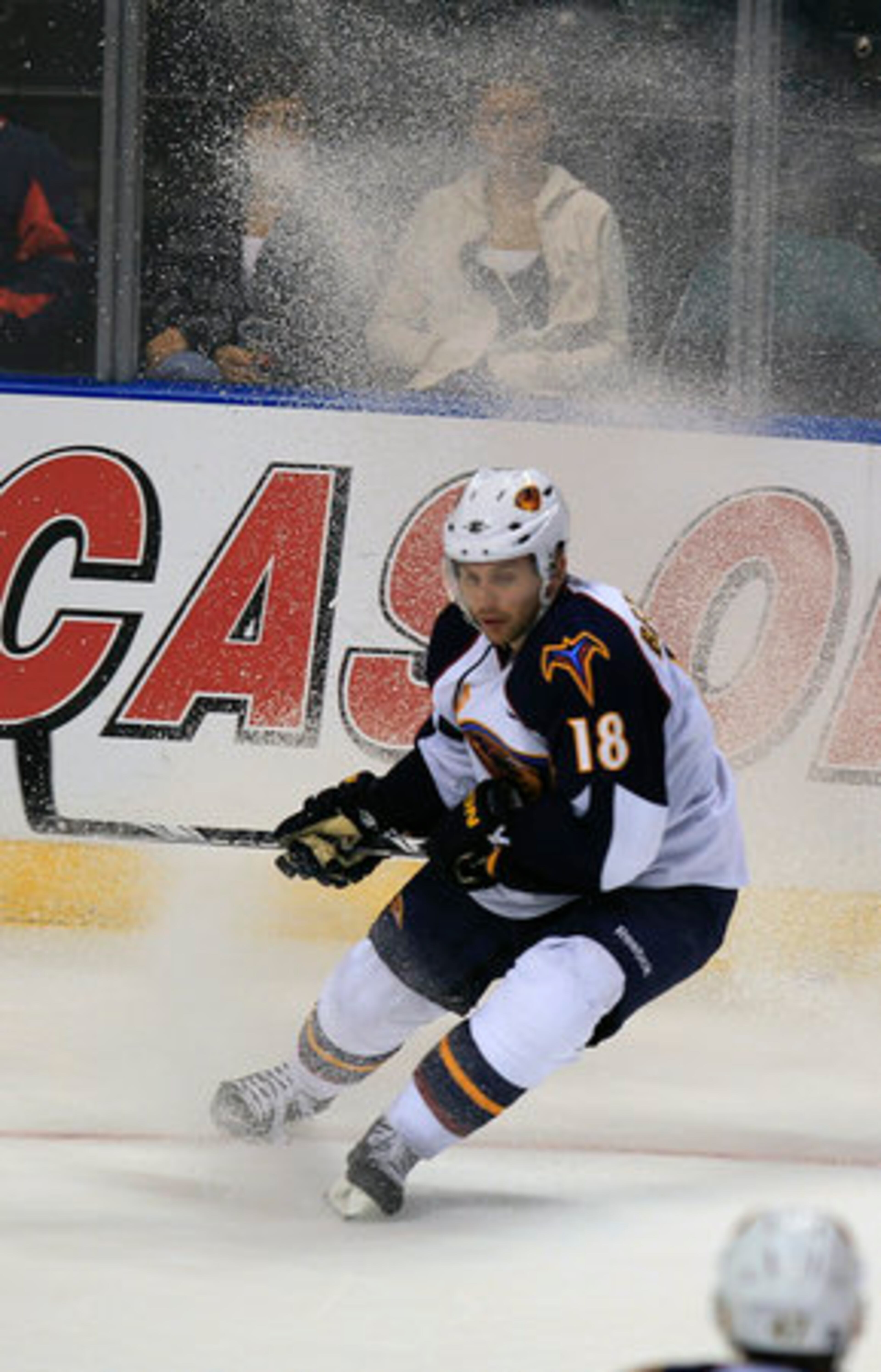 Atlanta Thrashers' Niclas Bergfors (18) scores the winning goal during the third period of an NHL hockey game against the Florida Panthers in Sunrise, Fla., Wednesday, Nov. 3, 2010. The Thrashers won 4-3.