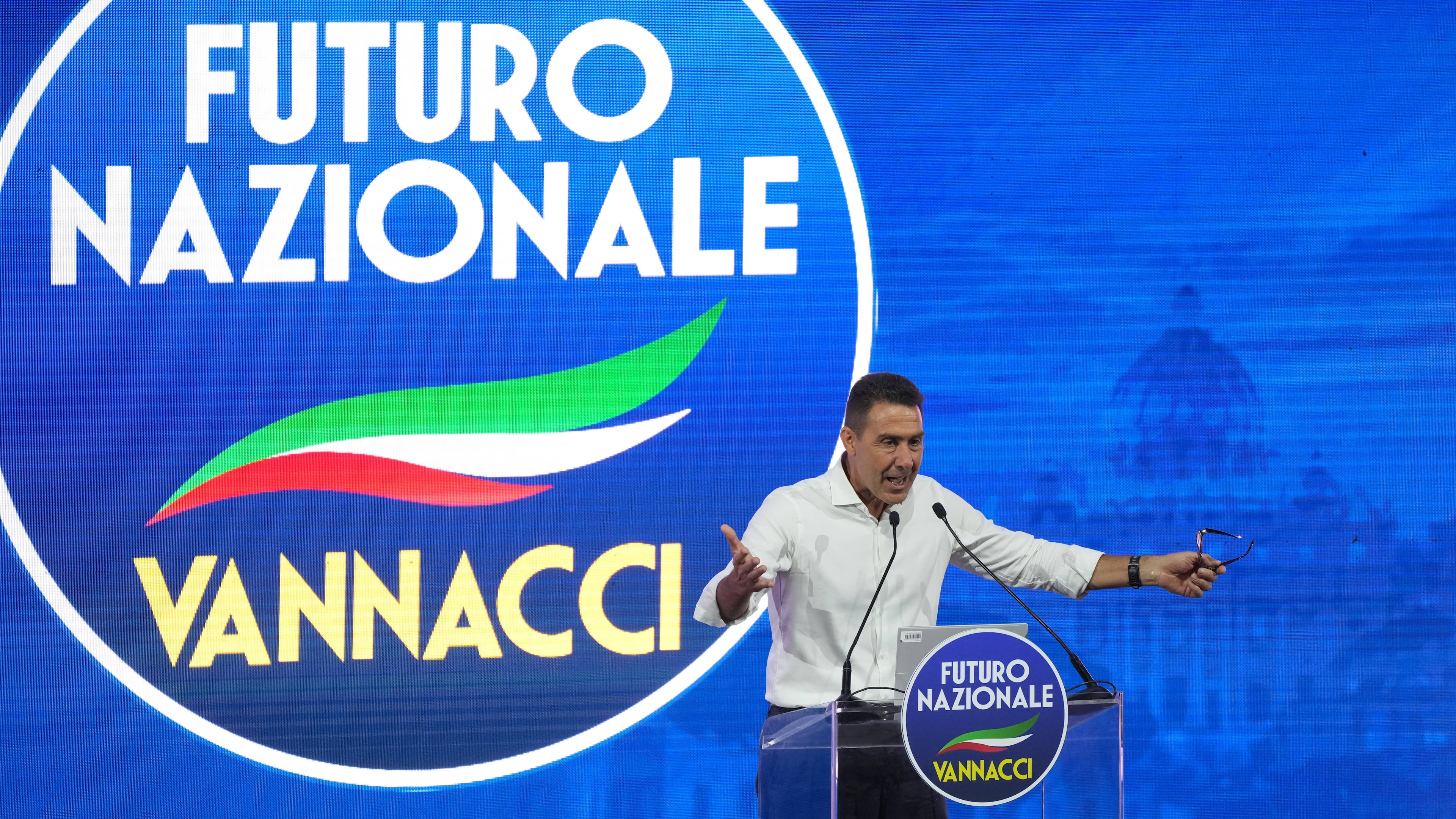 EU Parliament member and former Italian army general Roberto Vannacci addresses the audience as he concludes the two-day founding congress of his far-right party, Futuro Nazionale (National Future) in Rome, Sunday, June 14, 2026. (AP Photo/Gregorio Borgia)