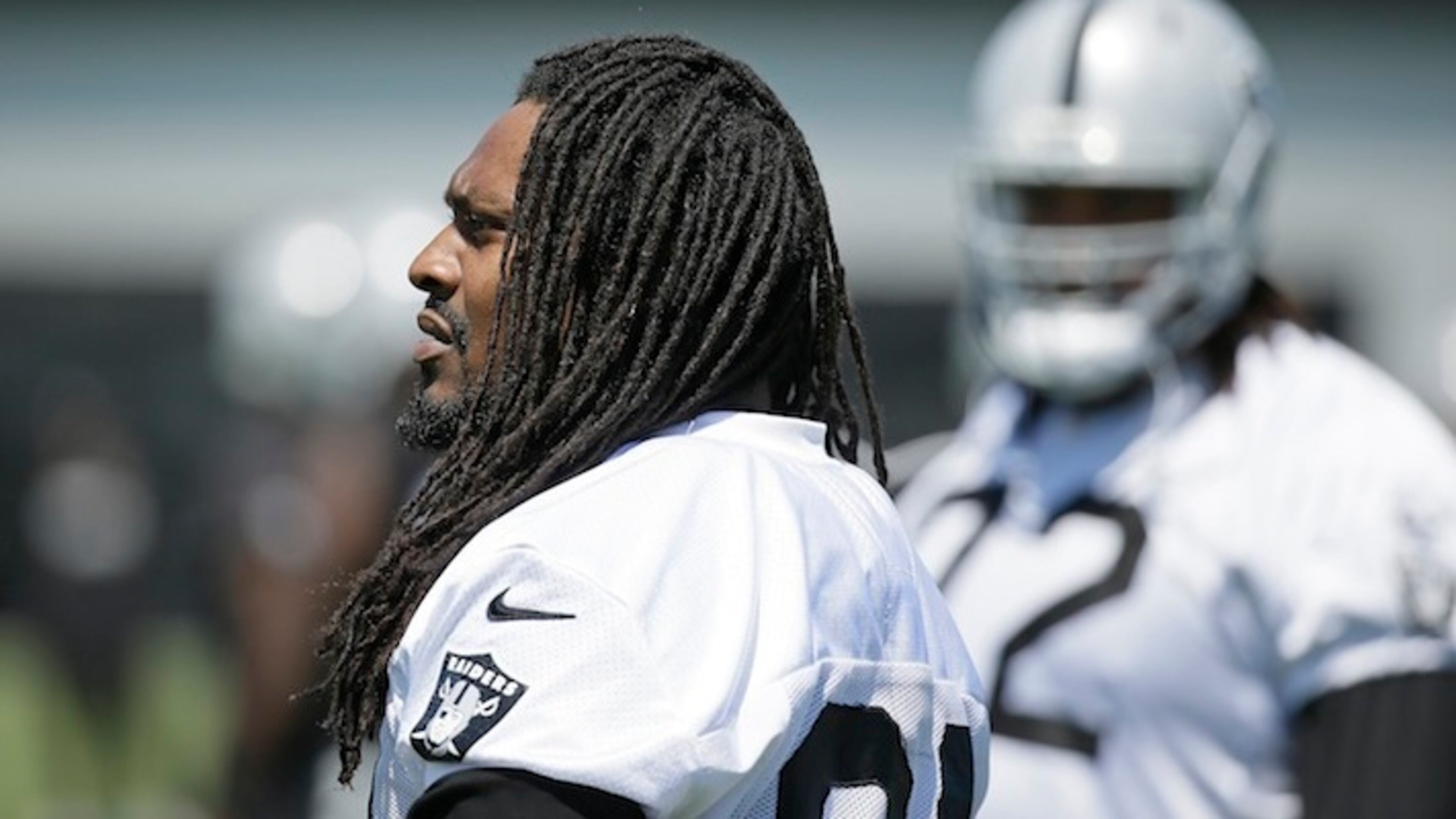 Oakland Raiders running back Marshawn Lynch during an NFL football team activity Tuesday, May 23, 2017, in Alameda, Calif. (AP Photo/Eric Risberg)