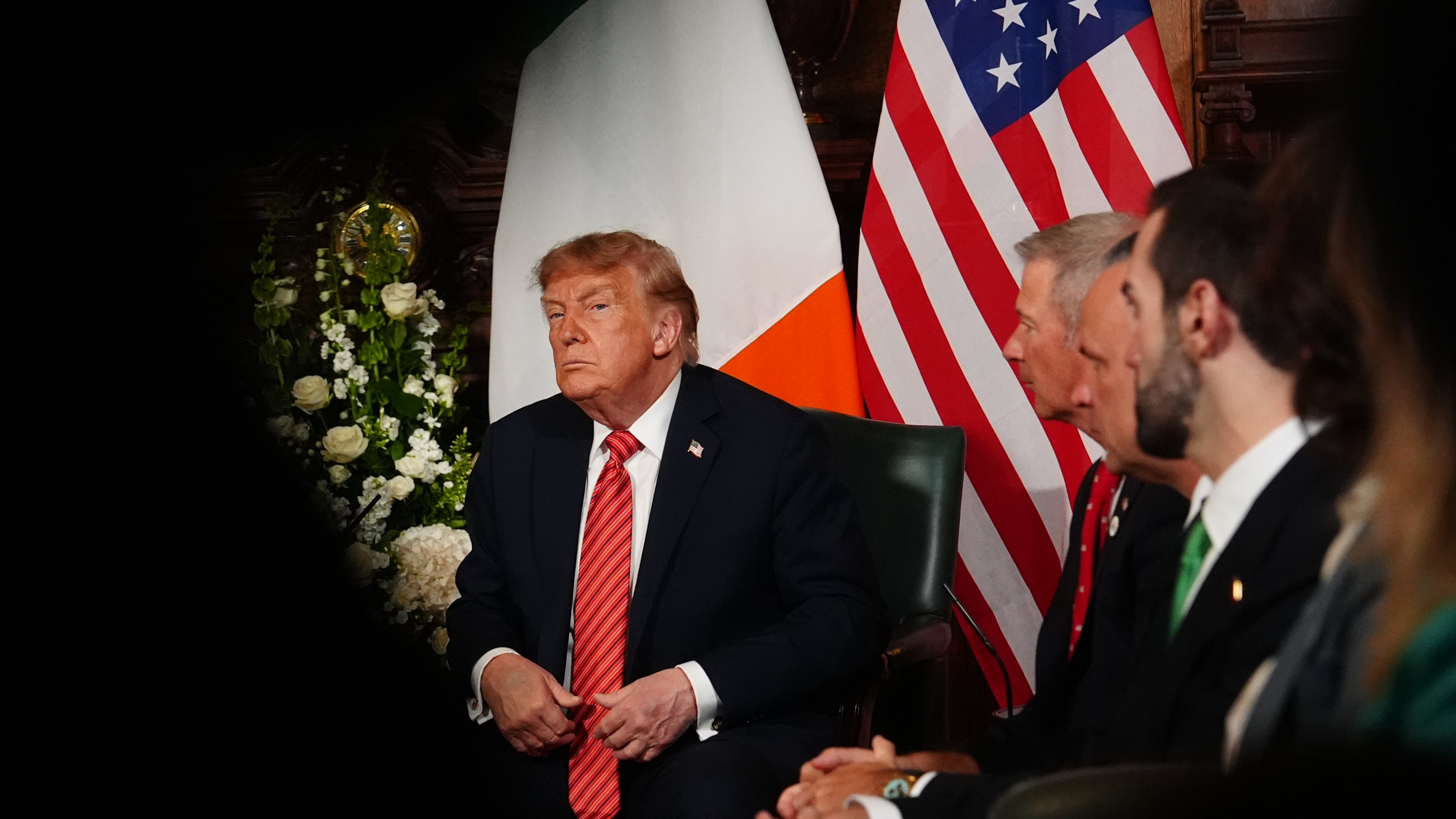 U.S. President Donald Trump during a meeting with Ireland's Prime Minister Micheál Martin at Farmleigh House in Dublin, Saturday, Sept. 12, 2026. (AP Photo/Julia Demaree Nikhinson)
