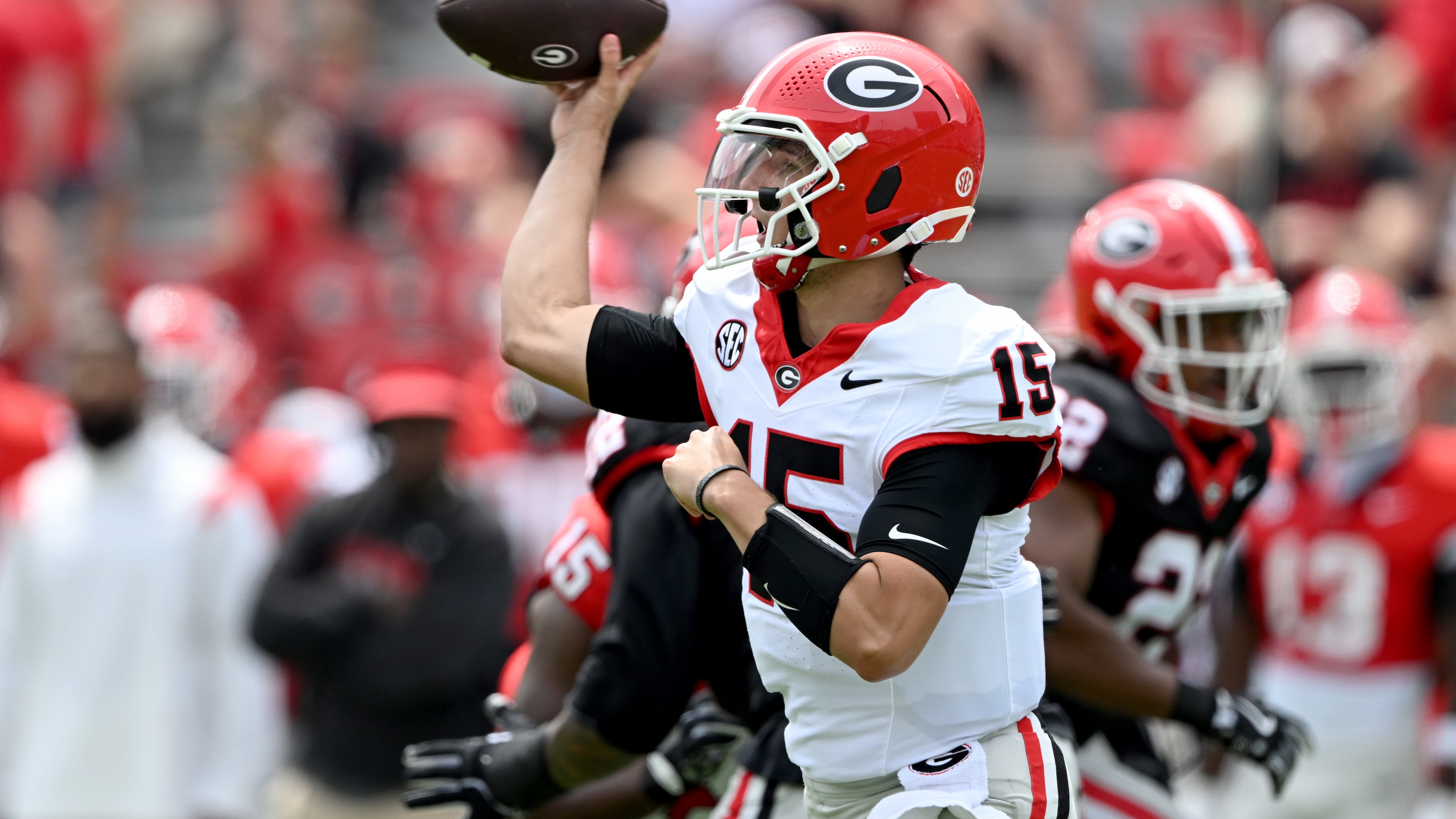 Georgia quarterback Ryan Montgomery — pictured during the G-Day spring football gamein April — appears to have tightened the race with Ryan Puglisi for the backup quarterback role behind Gunner Stockton. (Hyosub Shin/AJC)