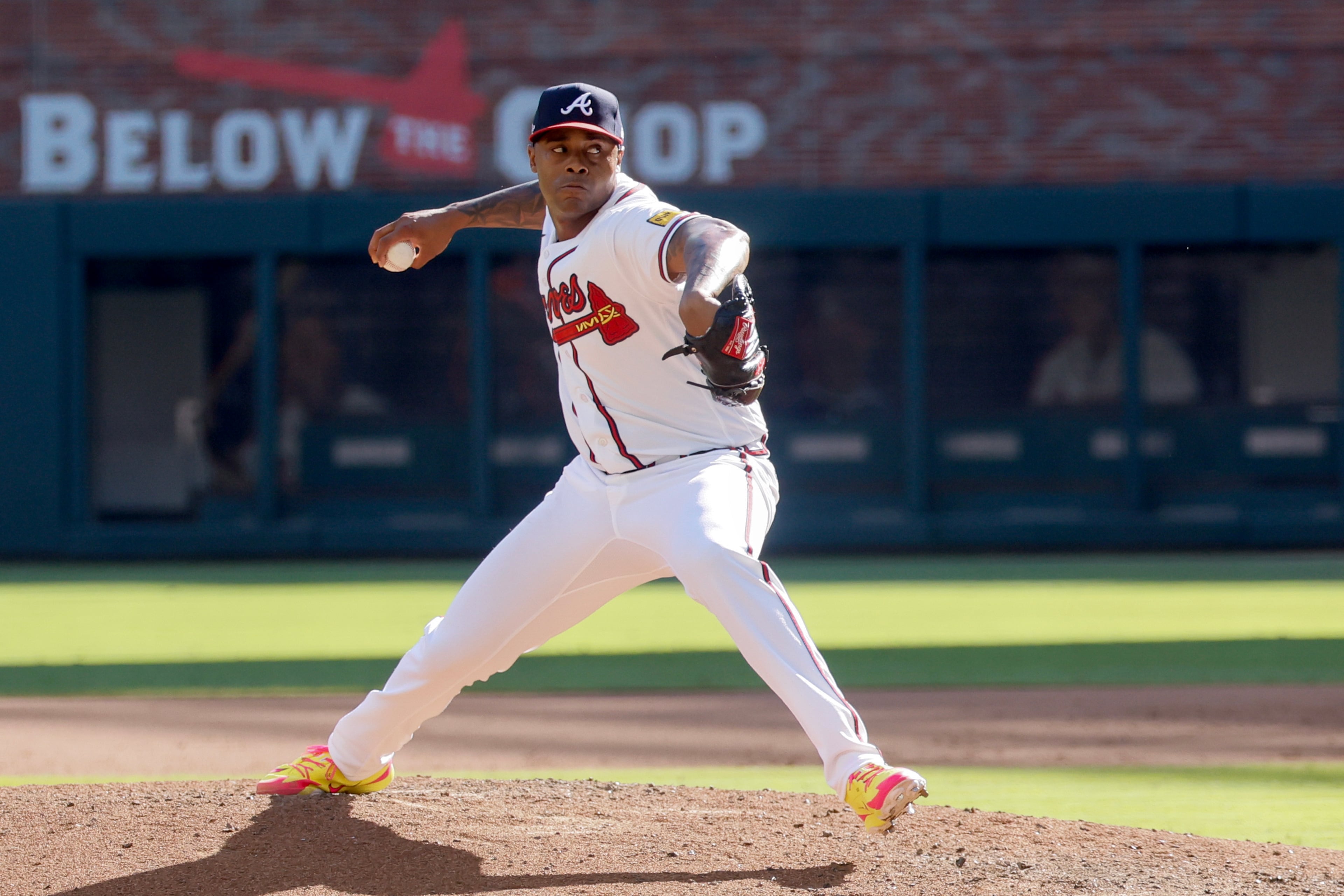Atlanta Braves pitcher Raisel Iglesias (26) delivers to a Philadelphia Phillies batter during the ninth inning of Game 1 of a MLB National League Wild Card playoff series between the Atlanta Braves and the Philadelphia Phillies, Tuesday, Sept. 29, 2026, in Atlanta. (Miguel Martinez/AJC)