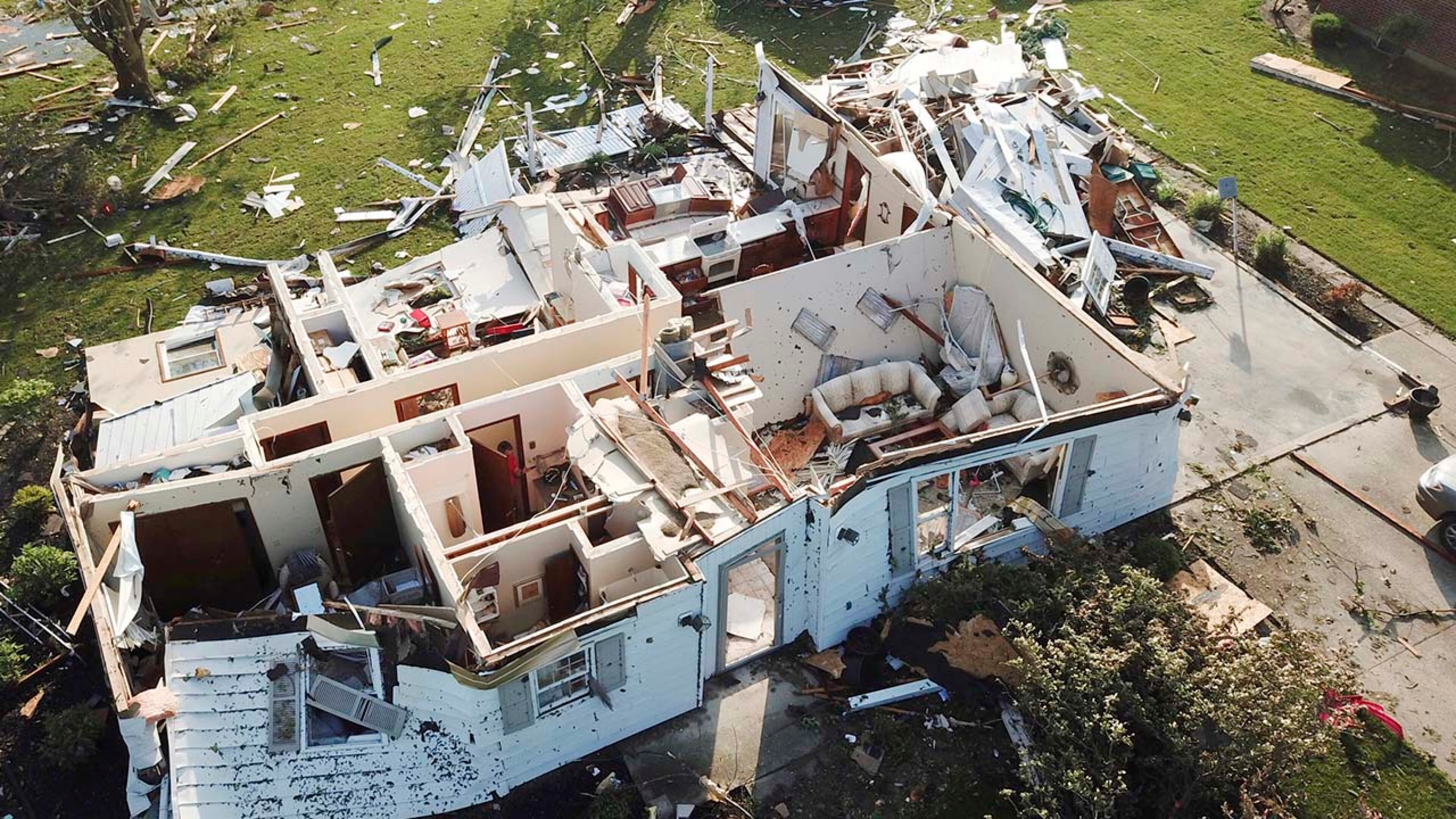 This Tuesday, May 28, 2019 aerial photo shows a home in northwest Celina, Ohio, that had its roof torn off by a tornado that was part of a storm system that passed through Monday night.