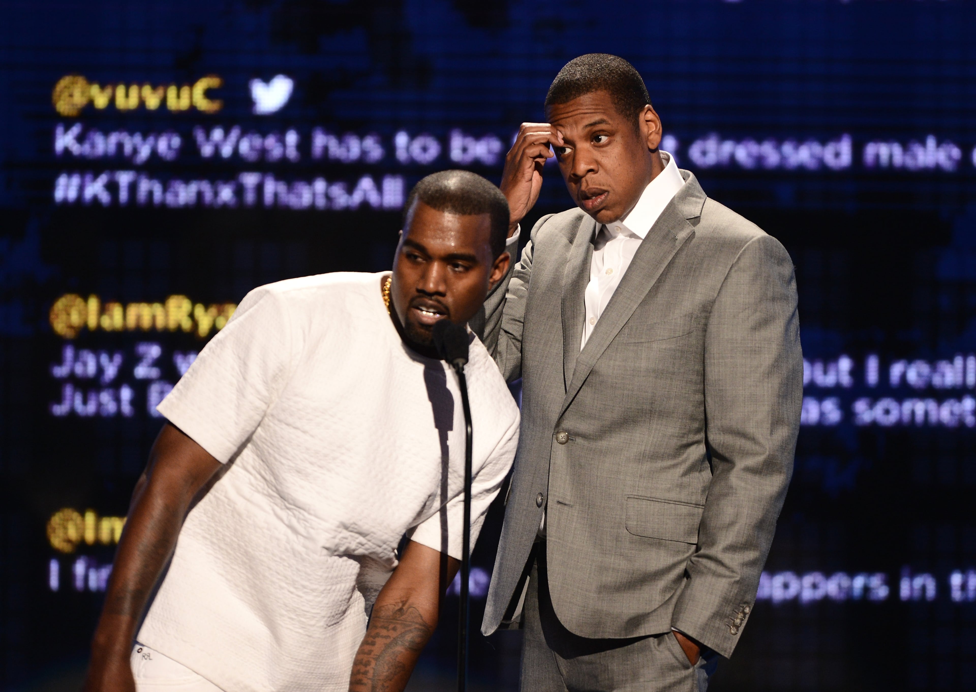 Recording artists Kanye West (L) and Jay-Z accept the award for Video of the Year onstage during the 2012 BET Awards at The Shrine Auditorium on July 1, 2012 in Los Angeles, California.