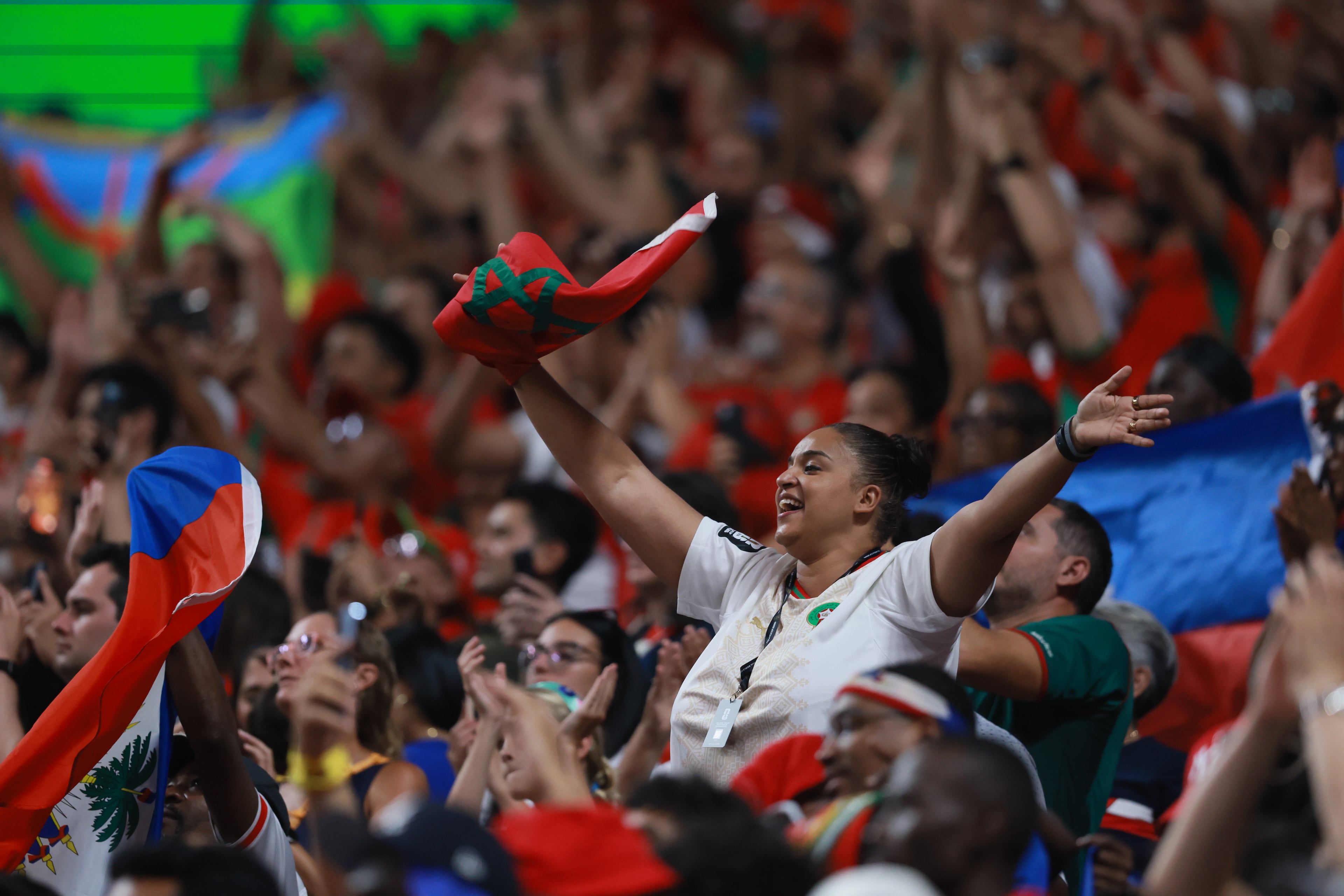 Morocco fans cheer their victory at end of Morocco vs. Haiti Group C FIFA World Cup match at Atlanta Stadium (Mercedes-Benz Stadium) on Wednesday, June 24, 2026. (Jason Getz/AJC)