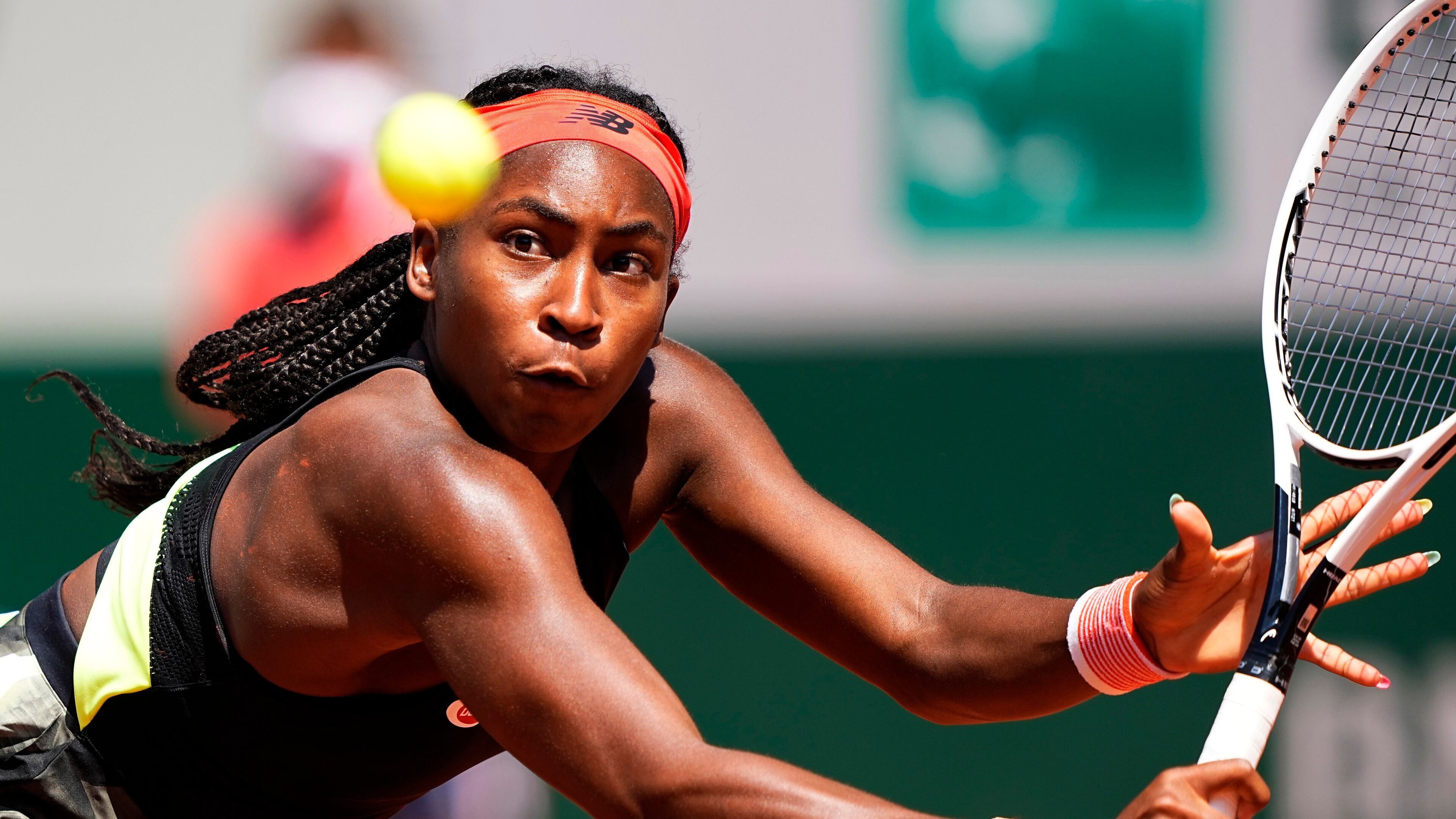 Coco Gauff plays a return to Tunisia's Ons Jabeur during their fourth round match of the French Open Monday, June 7, 2021, at Roland Garros in Paris. (Michel Euler/AP)