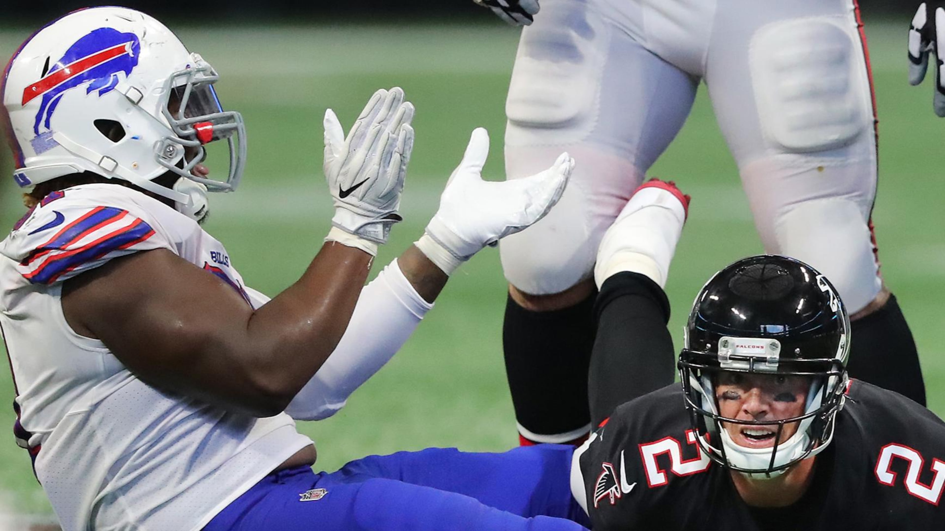 Buffalo Bills defensive tackle Cedric Thornton reacts to sacking Atlanta Falcons quarterback Matt Ryan during the second half in a NFL football game on Sunday, October 1, 2017, in Atlanta. The Bills defeated the Falcons 23-17. Curtis Compton/ccompton@ajc.com