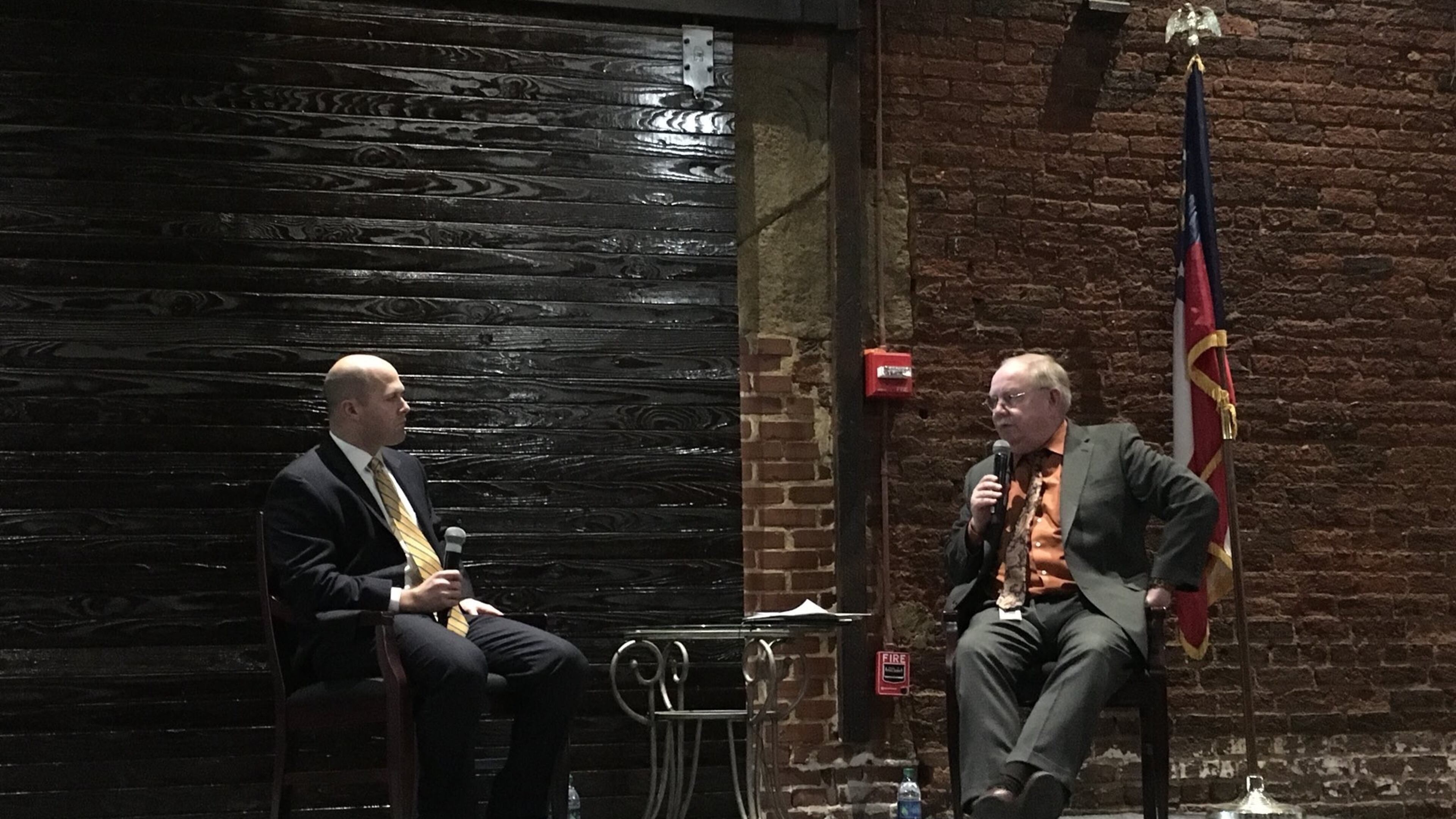 Republican Hunter Hill is interviewed by the AJC's Jim Galloway at a gubernatorial forum.