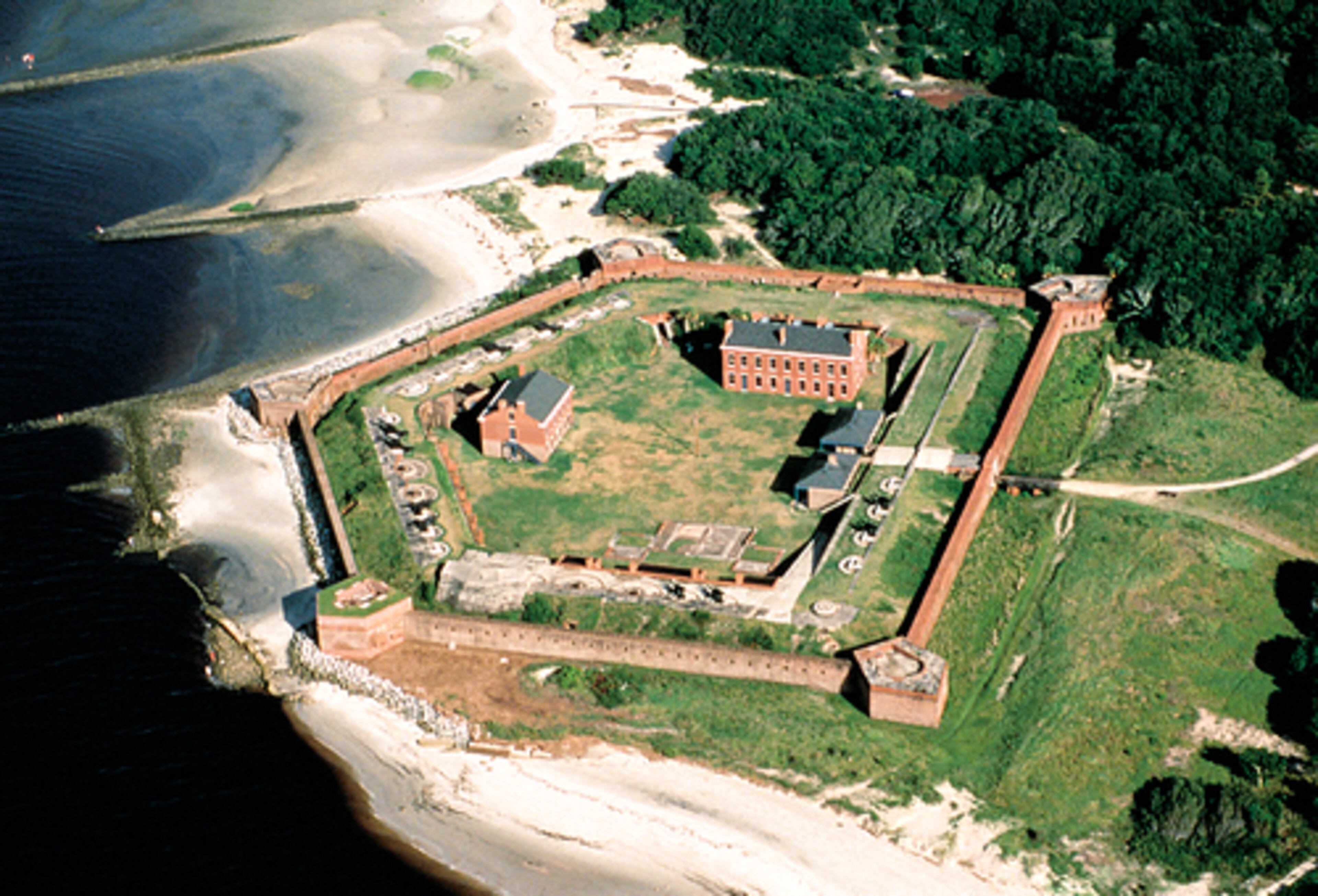 Fort Clinch, shown in this aerial view, is on American Beach, one of the few beaches on the East Coast open to African-Americans during segregation. The fort is a wonderful place to visit for its white sand and seclusion.
