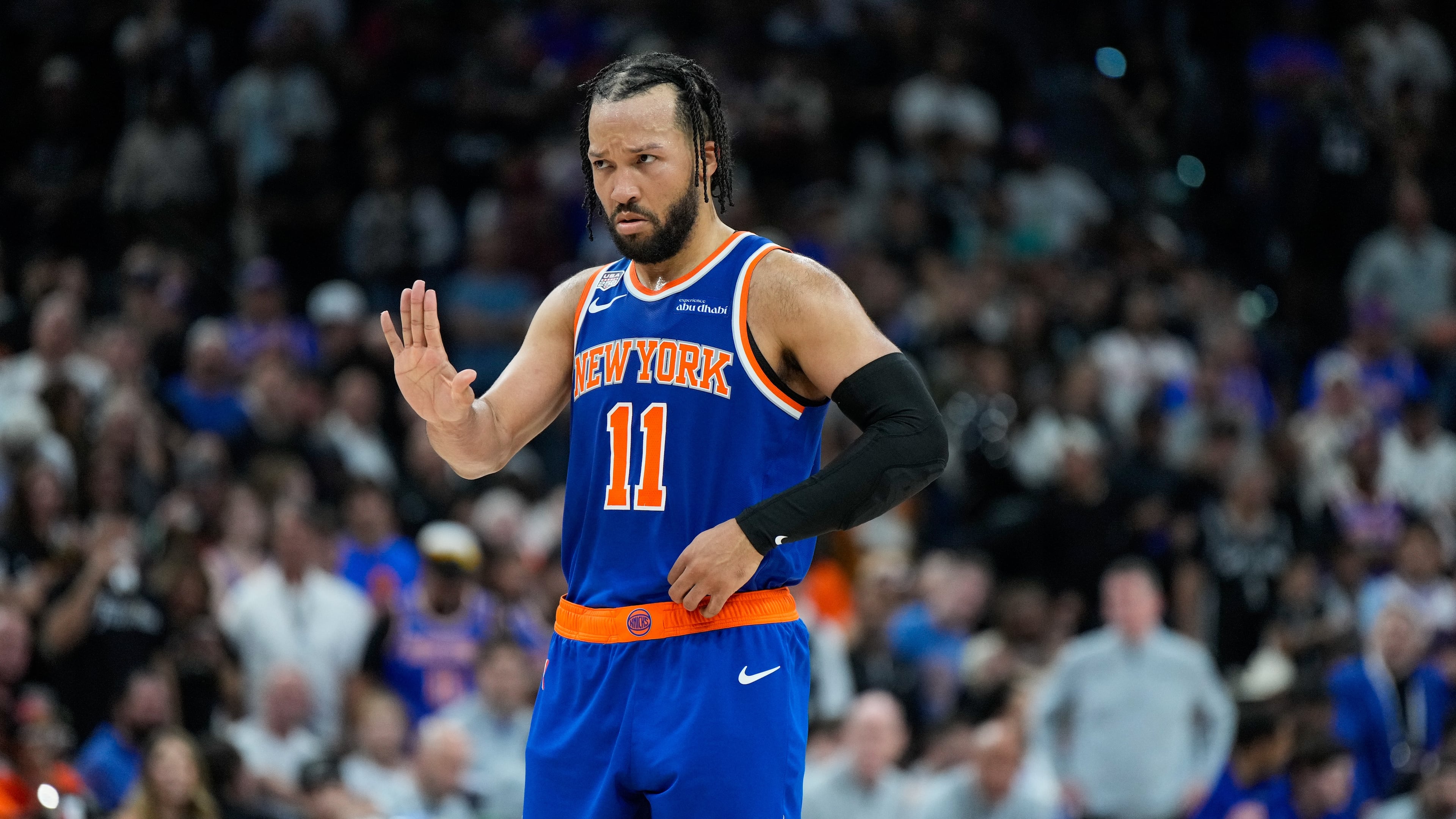New York Knicks guard Jalen Brunson motions to teammates during the second half of Game 5 of the NBA Finals basketball series against the San Antonio Spurs, Saturday, June 13, 2026, in San Antonio. (AP Photo/Ross D. Franklin)