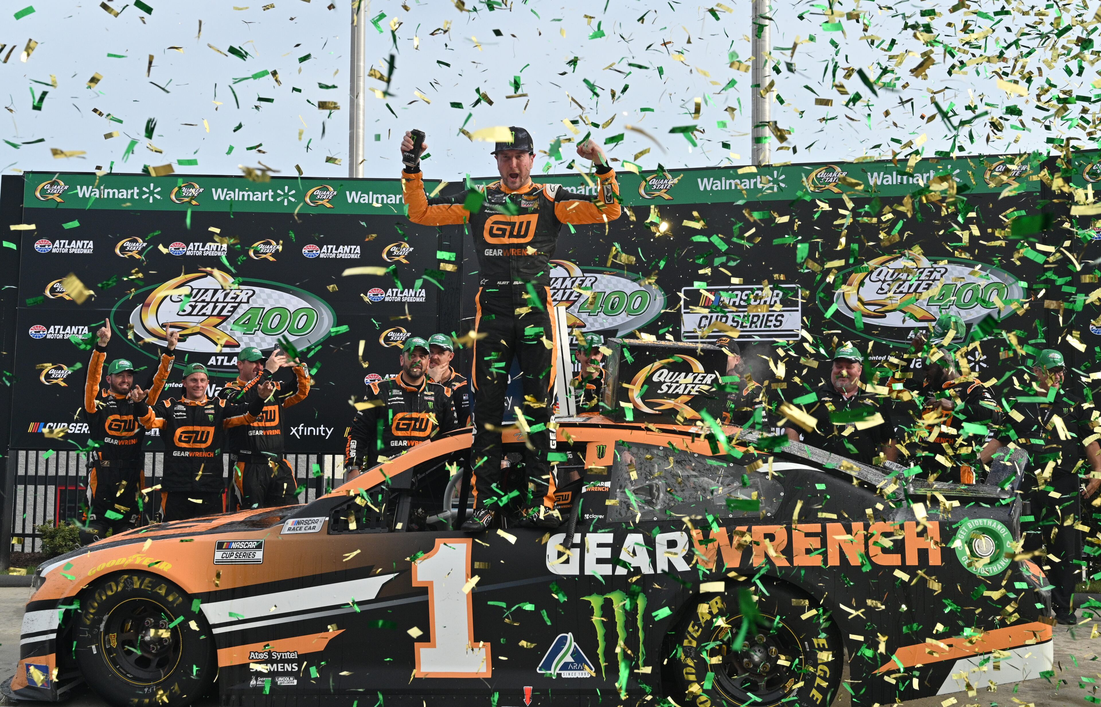 Kurt Busch celebrates in Victory Lane after winning the Quaker State 400 Presented by Walmart Sunday, July 11, 2021, at Atlanta Motor Speedway in Hampton. (Hyosub Shin / Hyosub.Shin@ajc.com)