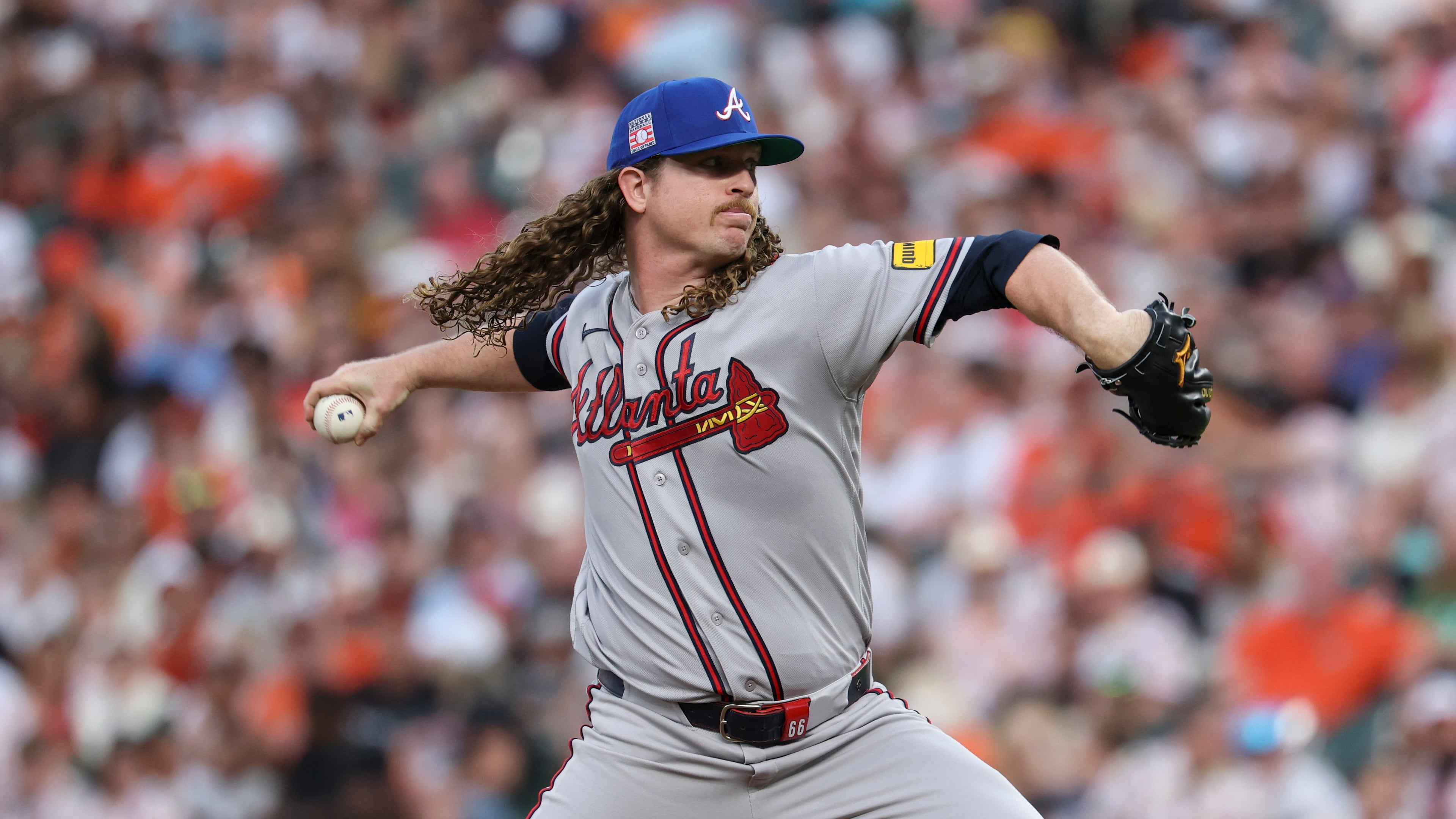 Atlanta Braves pitcher Grant Holmes throws during the third inning of a baseball game against the Baltimore Orioles, Friday, July 24, 2026, in Baltimore. (AP Photo/Terrance Williams)