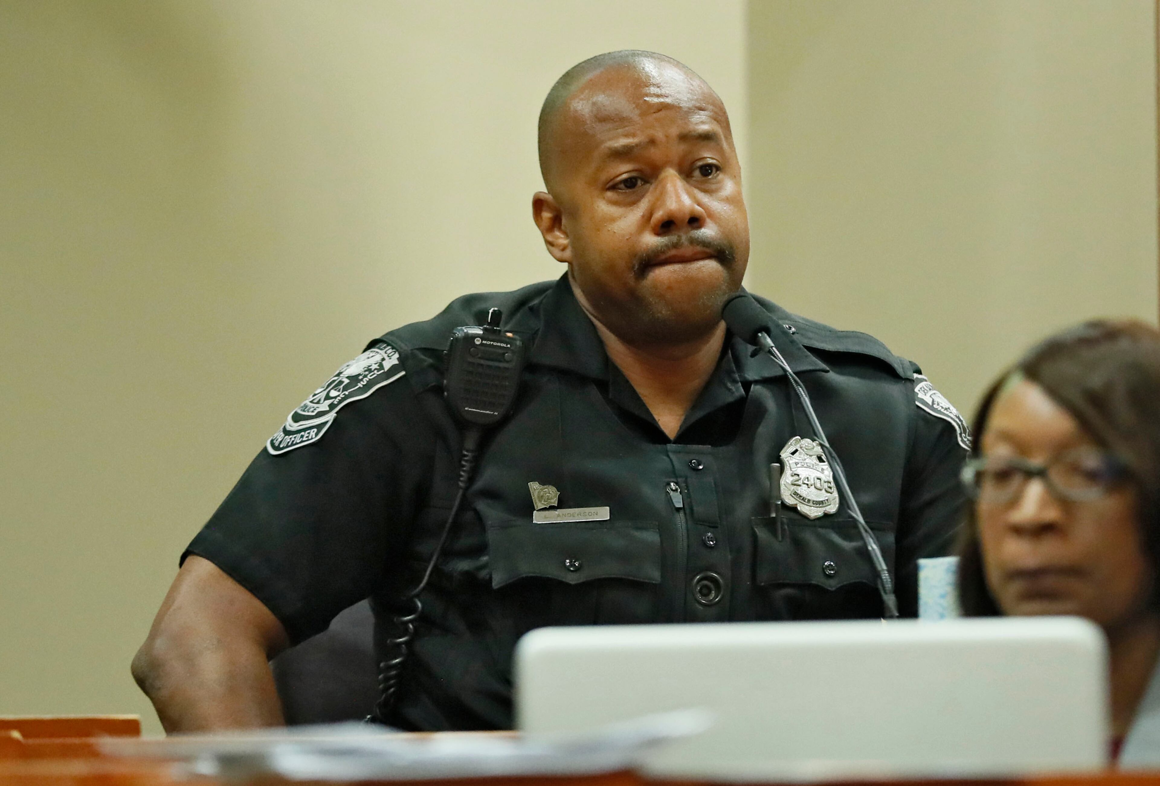 October 2, 2019 - Decatur - DeKalb Police Officer Lyn Anderson, who arrived at the scene shortly after the shooting, during his testimony. The murder trial of former DeKalb County police officer Robert "Chip" Olsen continued today. Olsen is charged with murdering war veteran Anthony Hill. Bob Andres / robert.andres@ajc.com
