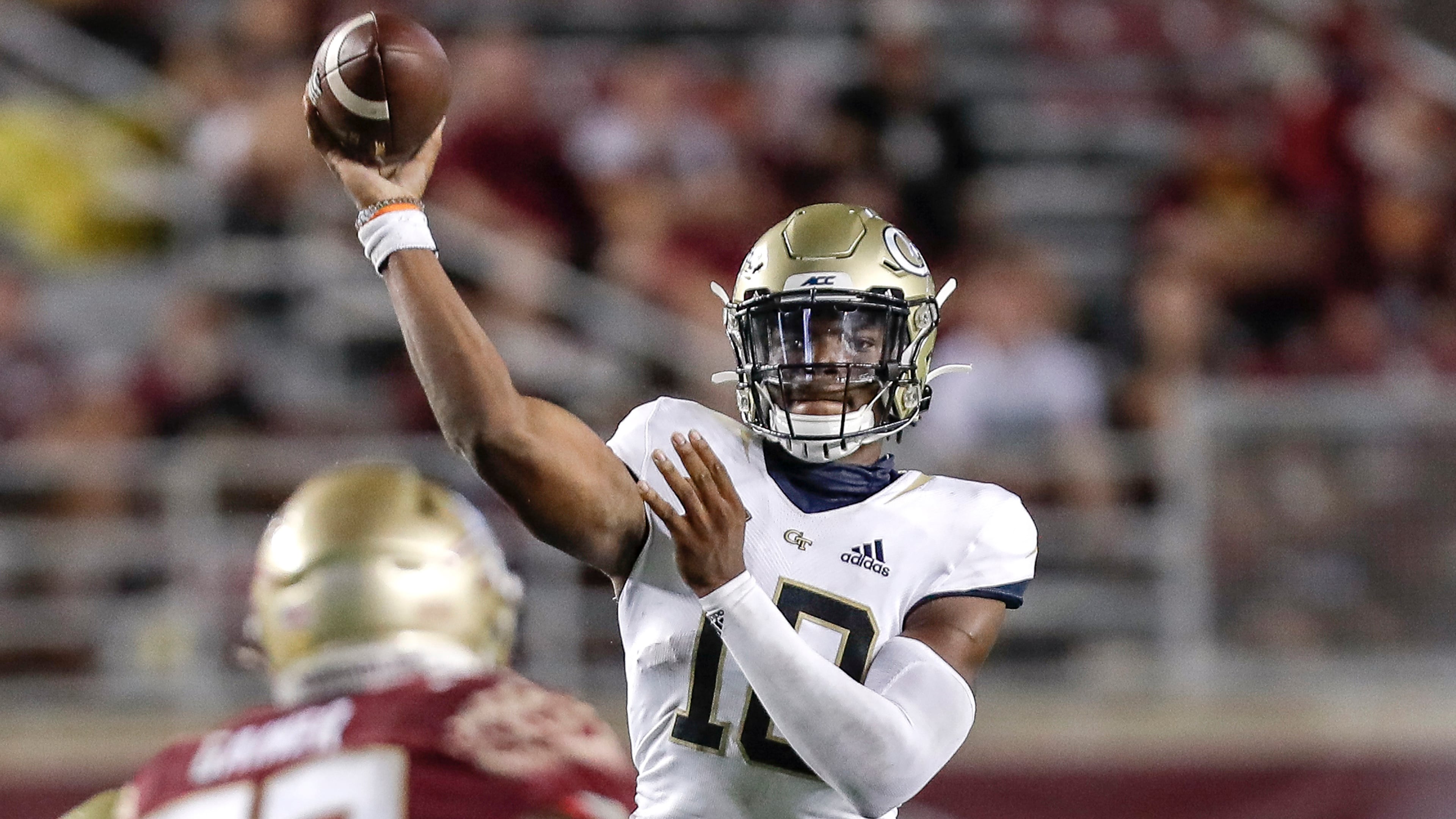 Georgia Tech quarterback Jeff Sims (10) attempts a pass against the Florida State Seminoles on Saturday, Sept. 12, 2020, at Doak Campbell Stadium in Tallahassee, Fla. (Don Juan Moore/Character Lines)