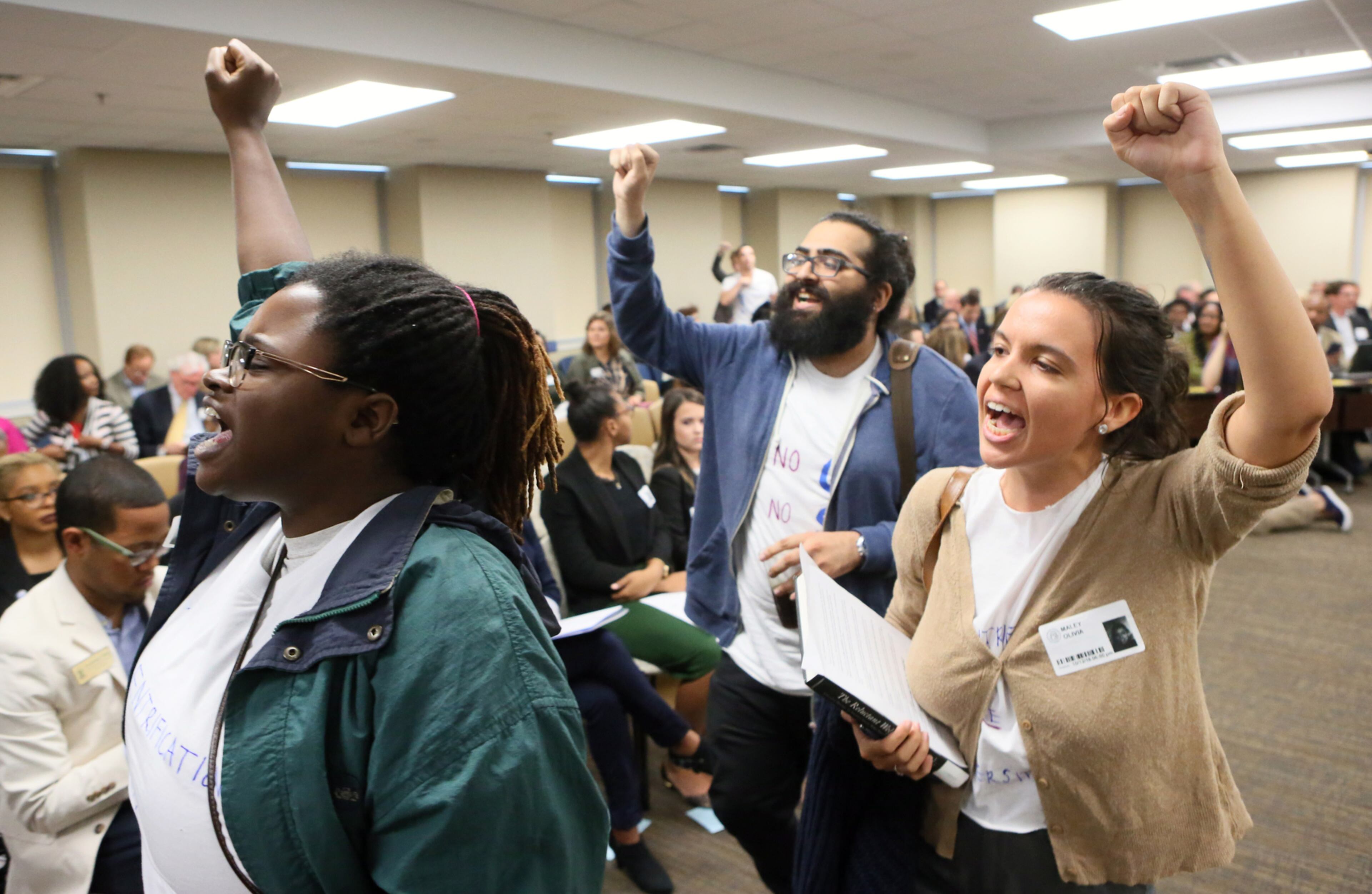 October 12, 2016 - Atlanta - Students from multiple universities including KSU and GSU disrupted the Board of Regents meeting this morning in protest of the appointment of Sam Olens as KSU president and the gentrification of Turner Field by GSU. The state Board of Regents is scheduled to vote later Wednesday on whether to hire Sam Olens as Kennesaw State University president. BOB ANDRES /BANDRES@AJC.COM