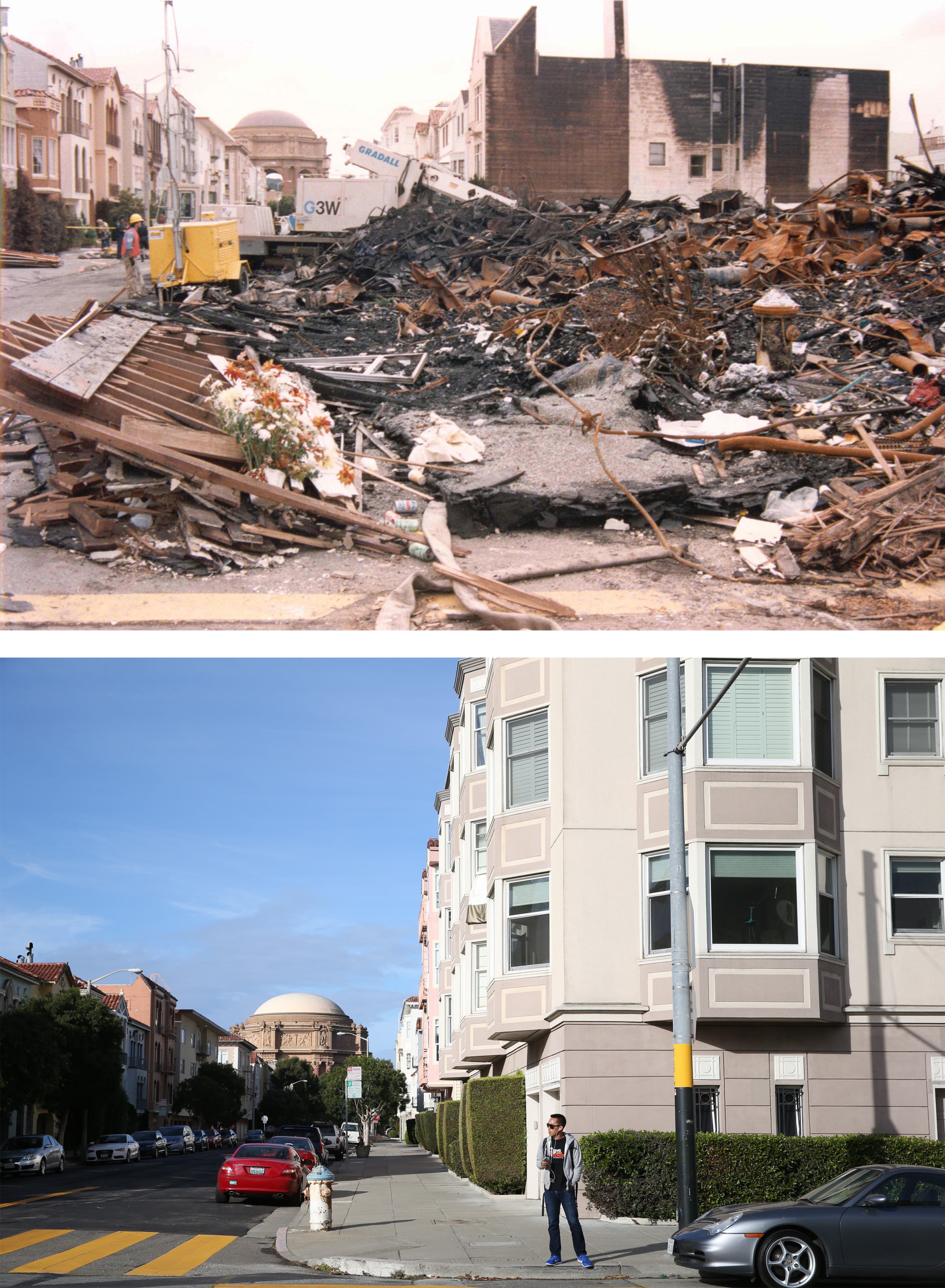 SAN FRANCISCO, CA - OCTOBER 15: In this before-and-after composite image, (Top) A worker surveys the damage caused by the fire in San Francisco's Marina District after the Loma Prieta earthquake struck on October 17, 1989 in San Francisco, California. (Photo by FEMA News Photo via Getty Images) SAN FRANCISCO, CA - OCTOBER 15: (Bottom) A man waits for a bus on the corner of Beach and Divisadero on October 15, 2014 in San Francisco, California. It has been 25 years since the 7.0 Loma Prieta earthquake rocked the San Francisco Bay Area at 5:04PM on October 17, 1989 causing widespread damage to buildings and roadways. 63 people died and nearly 4,000 were injured. (Photo by Justin Sullivan/Getty Images)