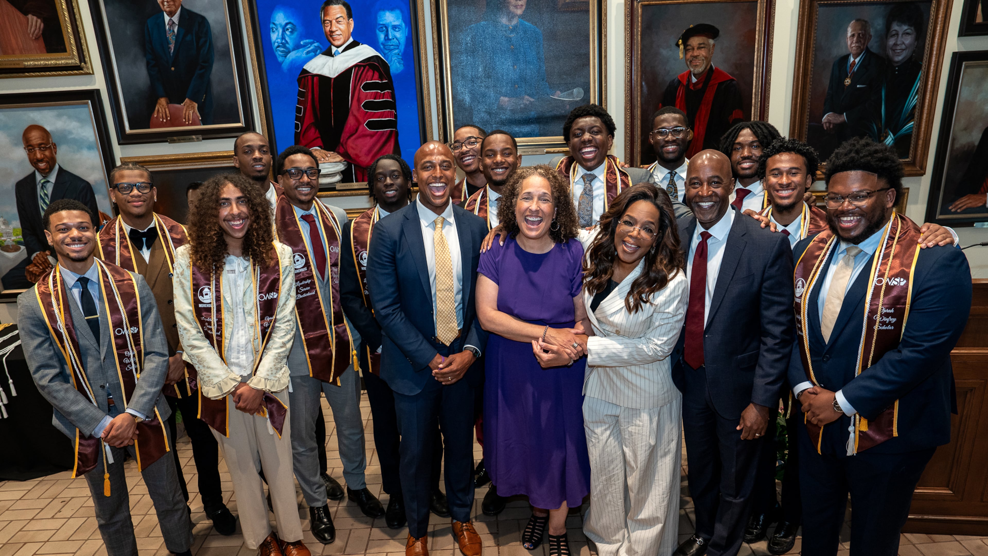 Oprah Winfrey poses with Morehouse College students who were recipients of her endowed scholarship program on Friday, April 24, 2026. (Courtesy of Jordan Phillips / Morehouse College)