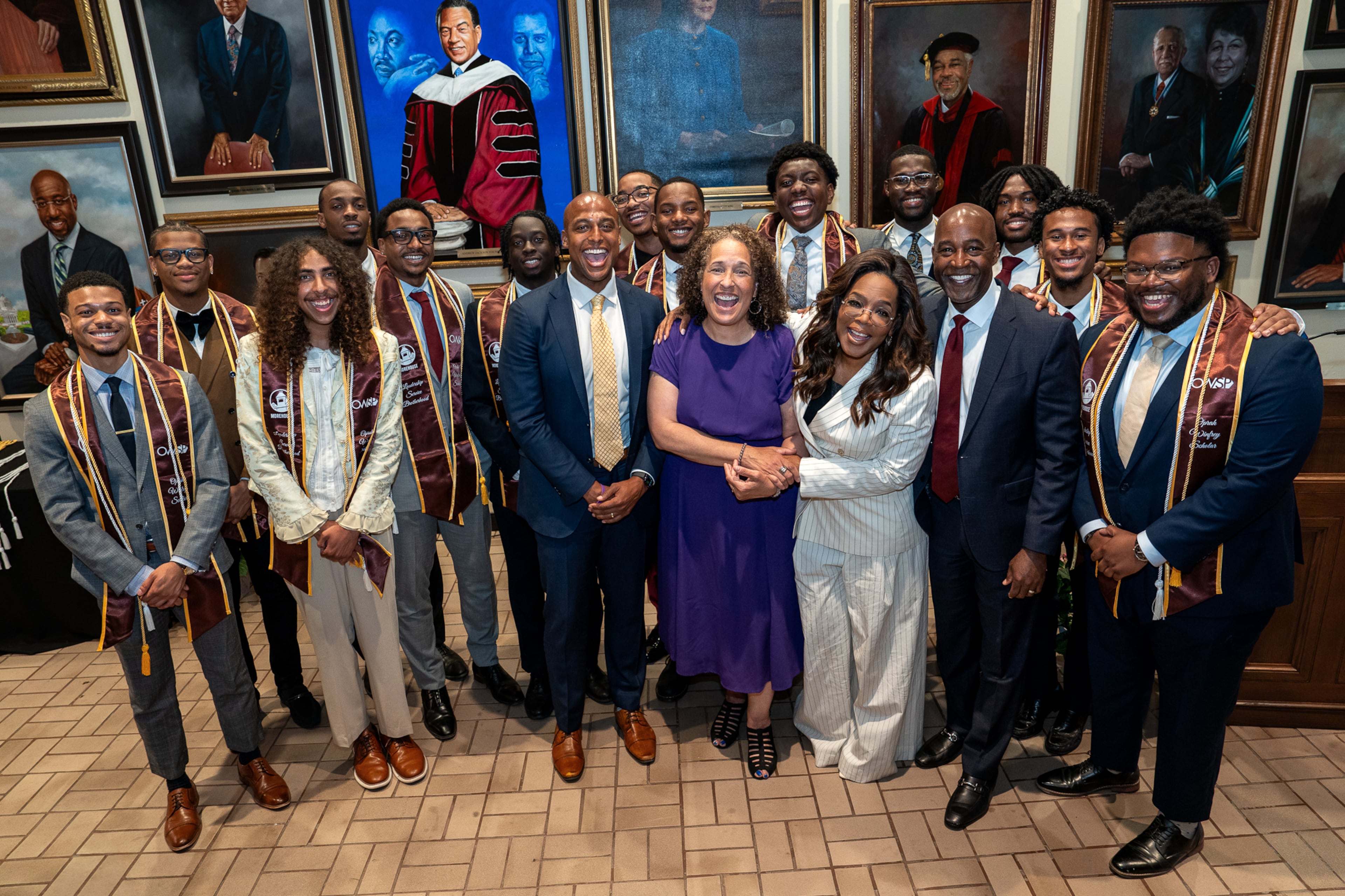 Oprah Winfrey poses with Morehouse College students who were recipients of her endowed scholarship program on Friday, April 24, 2026. (Courtesy of Morehouse College)