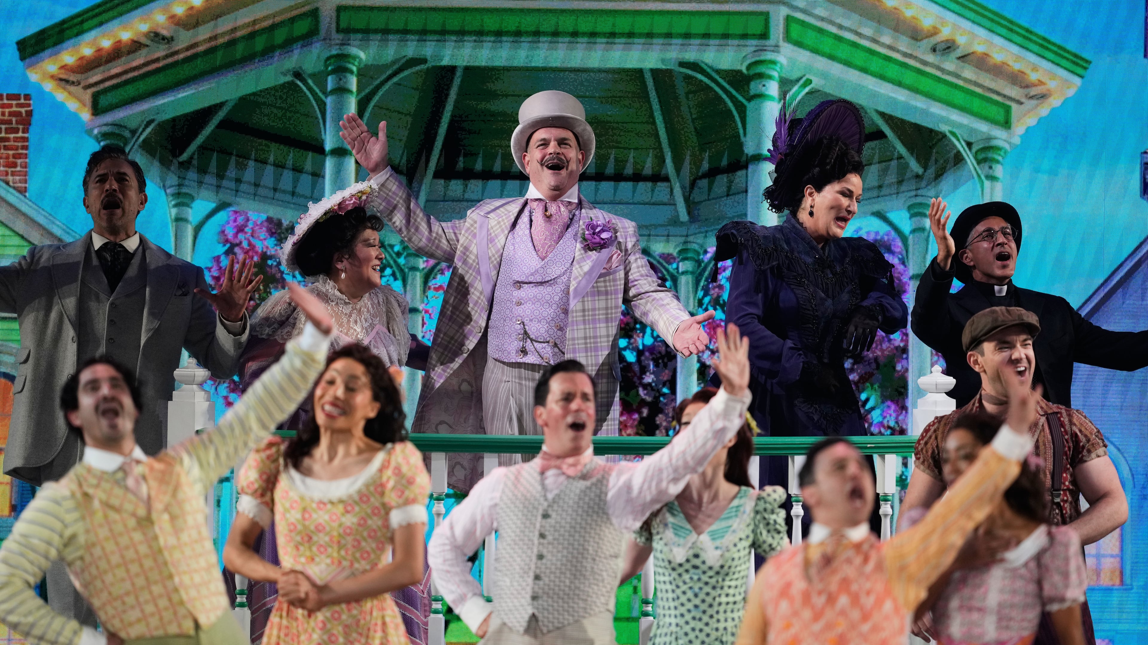 Ann Harada, from second left, Brad Oscar, Ana Gasteyer, Maulik Pancholy and the cast of "Schmigadoon!" perform during the 79th Tony Awards on Sunday, June 7, 2026, at Radio City Music Hall in New York. (Photo by Charles Sykes/Invision/AP)