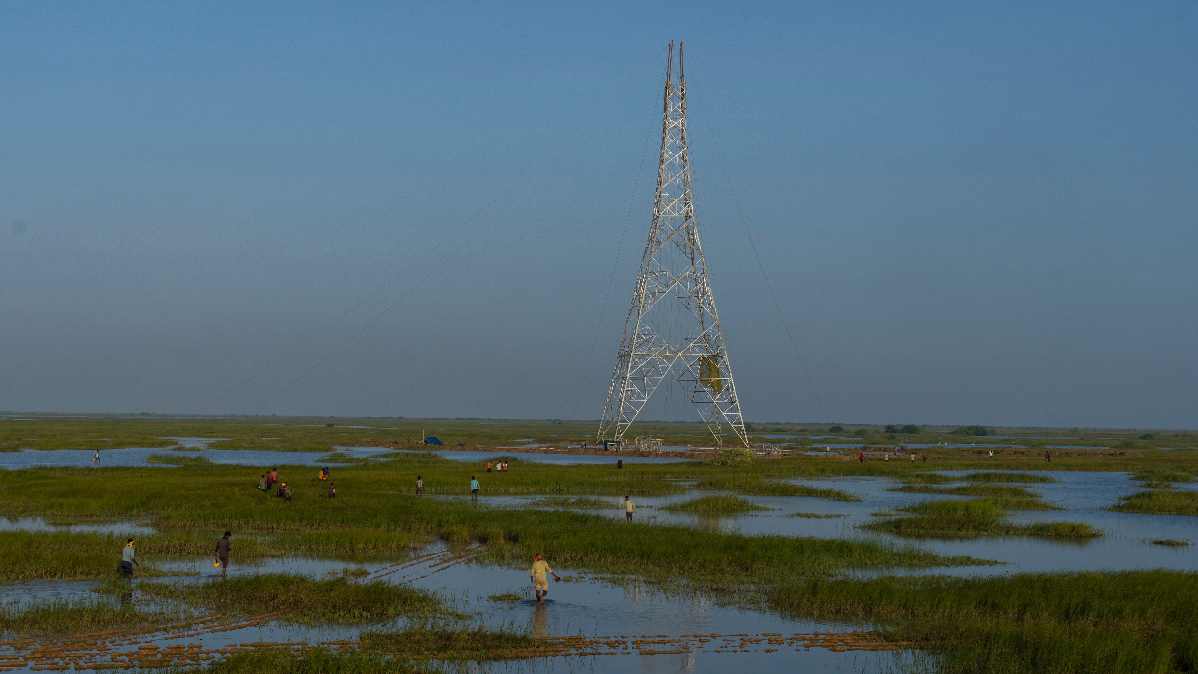 FILE - Workers walk through a swamp to install electric transmission towers for the Adani Renewable Energy Park near Khavda, Bhuj district, near the India-Pakistan border in the western state of Gujarat, India, Sept. 21, 2023. (AP Photo/Rafiq Maqbool, File)