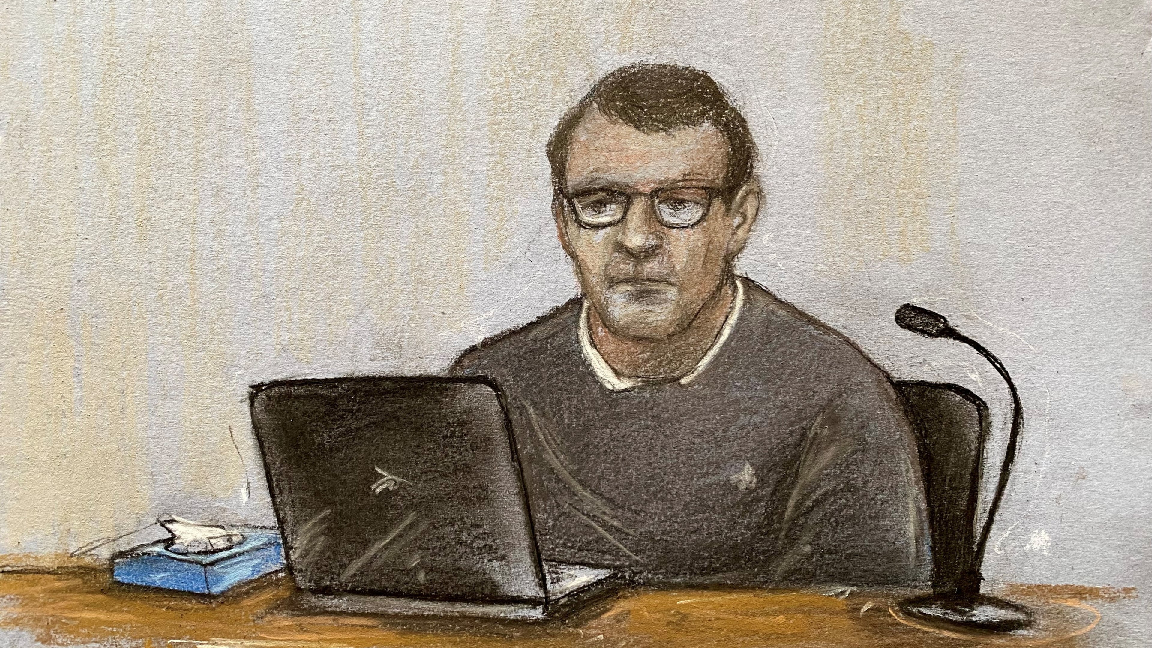 This court artist sketch shows Paul Quinn appearing in the dock at Manchester Crown Court in Manchester, England, March 26, 2026. (Elizabeth Cook/PA via AP)