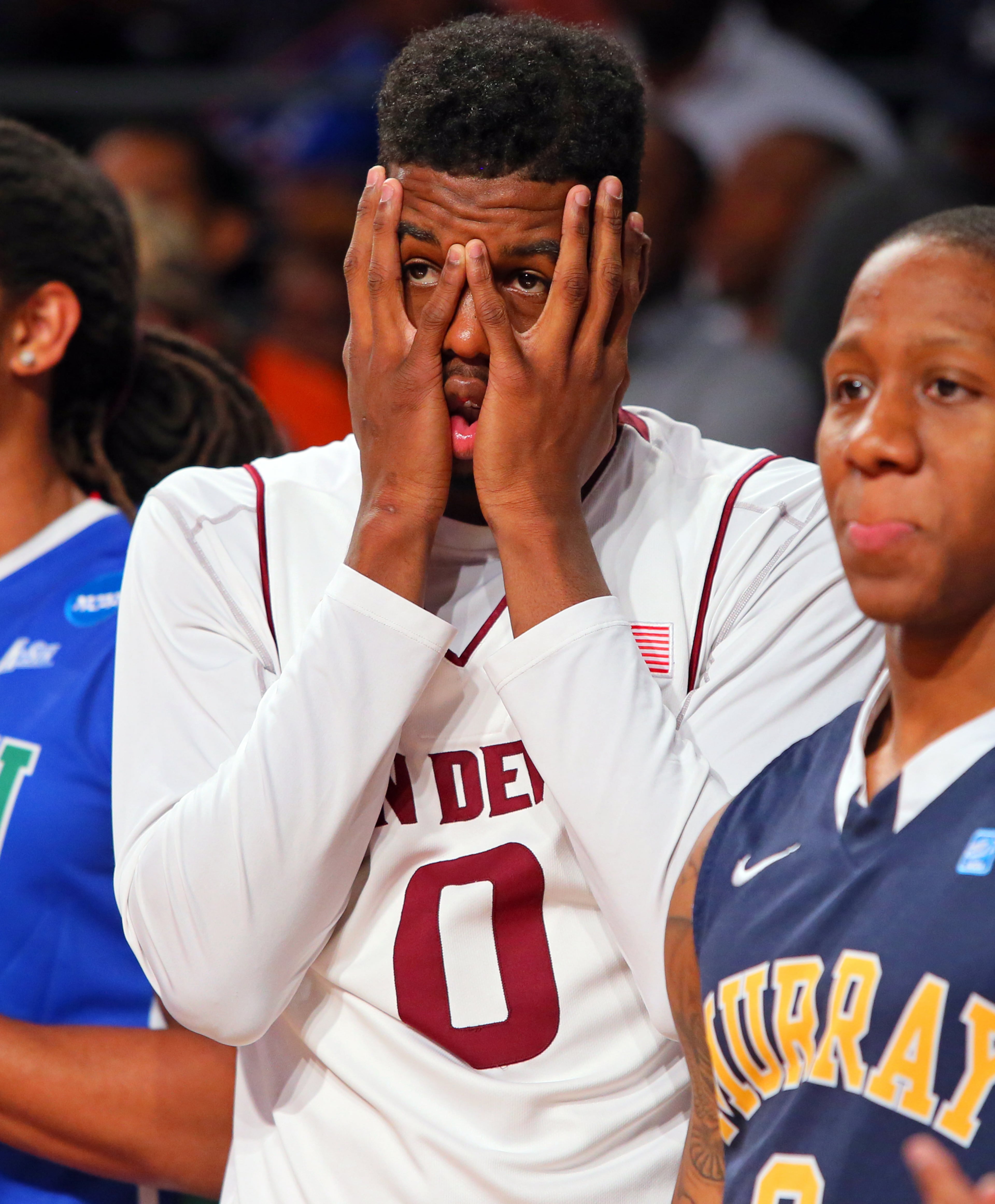 Arizona State Sun Devils Carrick Felix, reacts as another competitor misses a shot at the 25th annual State Farm College Slam Dunk & 3-Point Championships at McCamish Pavilion on Thursday, April 4, 2013, in Atlanta. Felix advanced to the finals, but fell just short taking second place in the Slam Dunk Championship. CURTIS COMPTON / CCOMPTON@AJC.COM