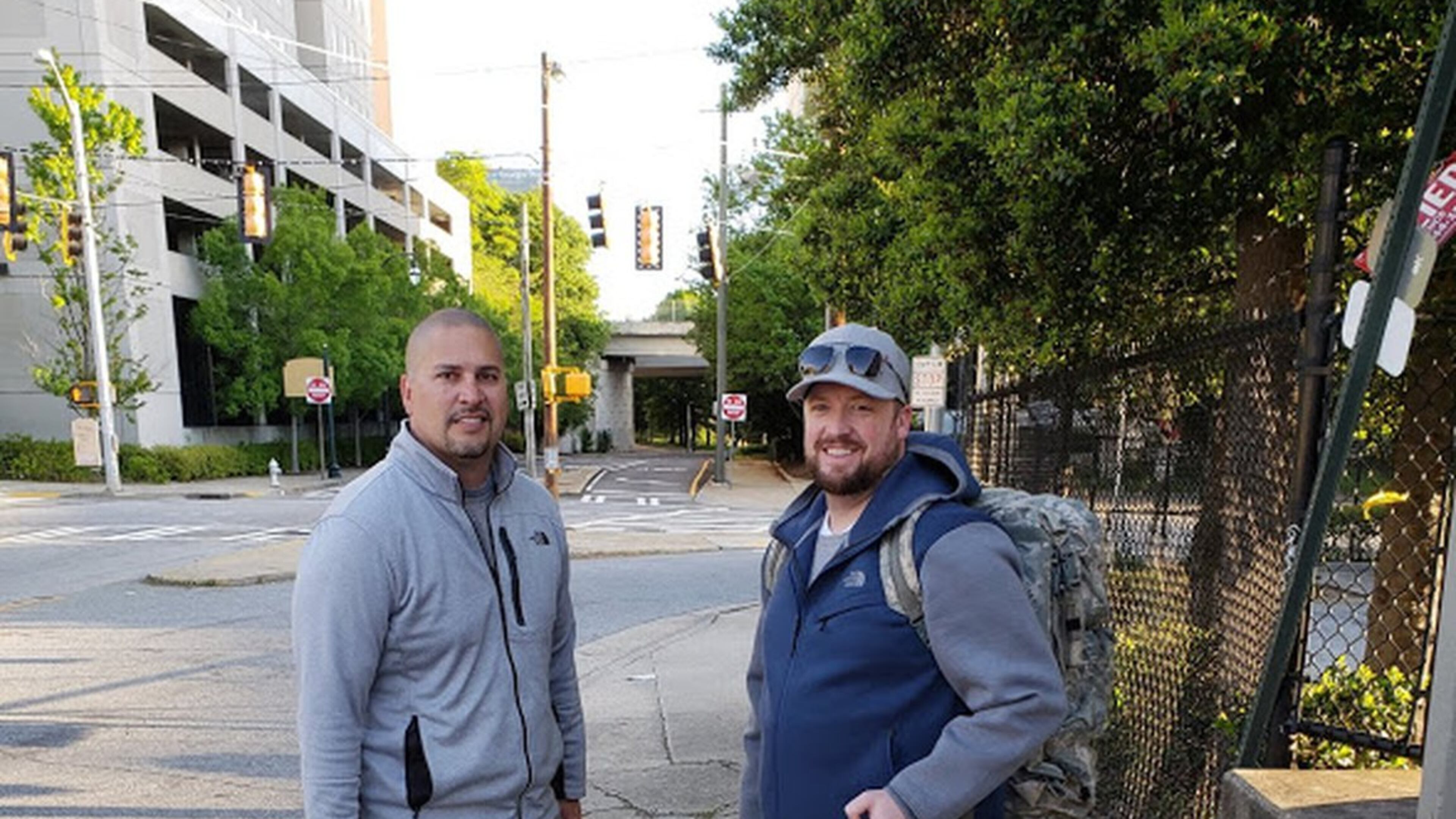 Shadow Warriors Ryan Hepworth (left) and Jared Clark take to the streets with backpacks to give to homeless veterans. CONTRIBUTED BY SHADOW WARRIOR FOUNDATION