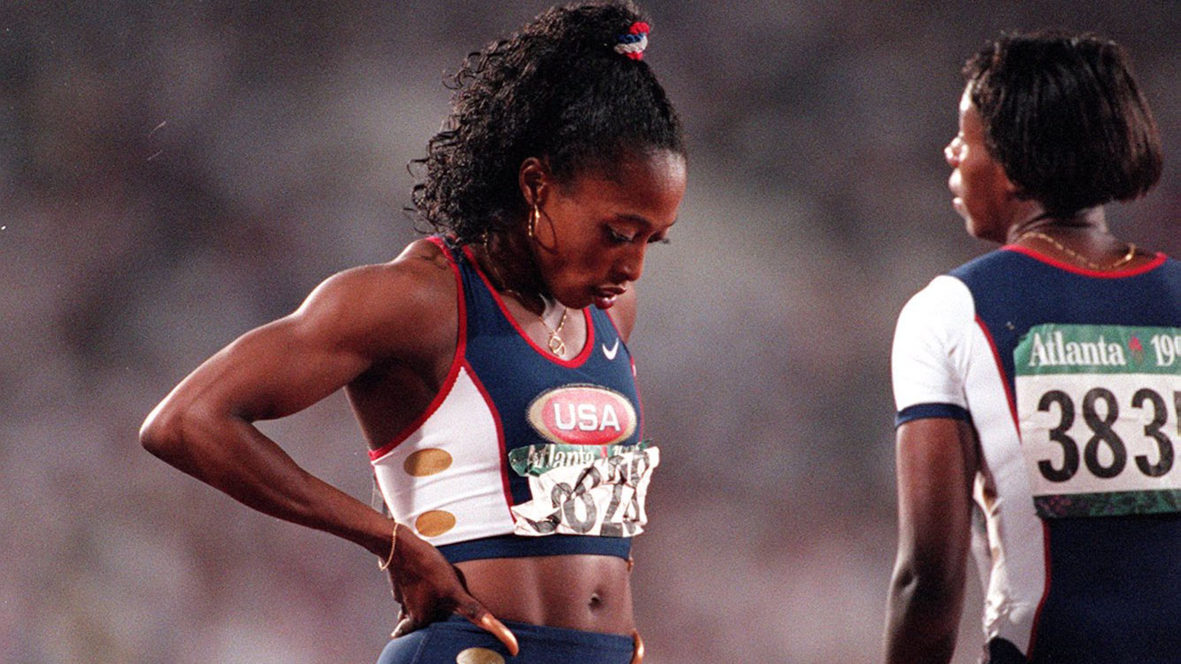 American Gail Devers after her 100-meter hurdle run Wednesday, July 31, 1996, at Olympic Stadium in Atlanta. She finished fourth in the race. (Jonathan Newton/AJC)