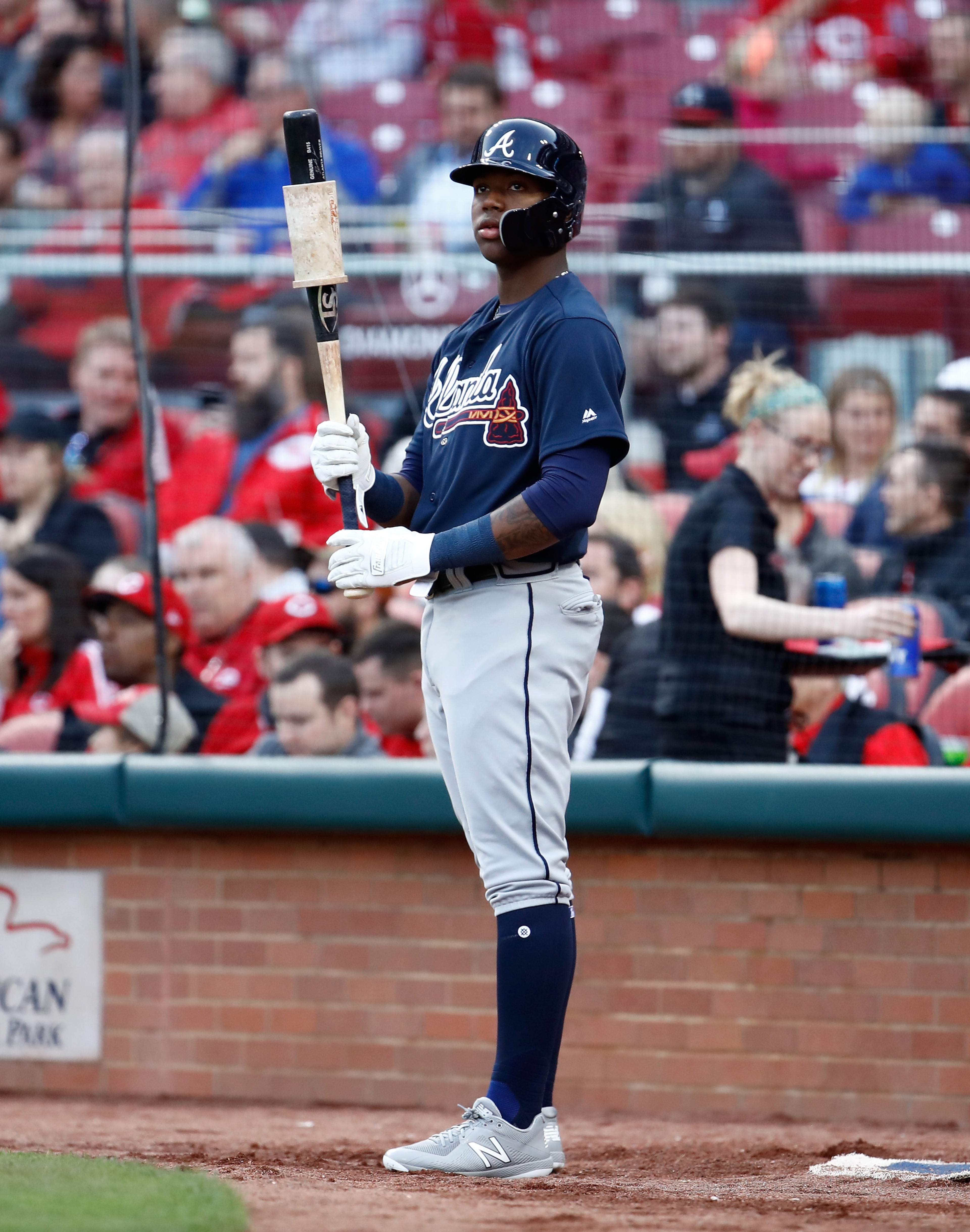 CINCINNATI, OH - APRIL 25: Ronald Acuna #13 of the Atlanta Braves waits to bat against the Cincinnati Reds at Great American Ball Park on April 25, 2018 in Cincinnati, Ohio. (Photo by Andy Lyons/Getty Images)