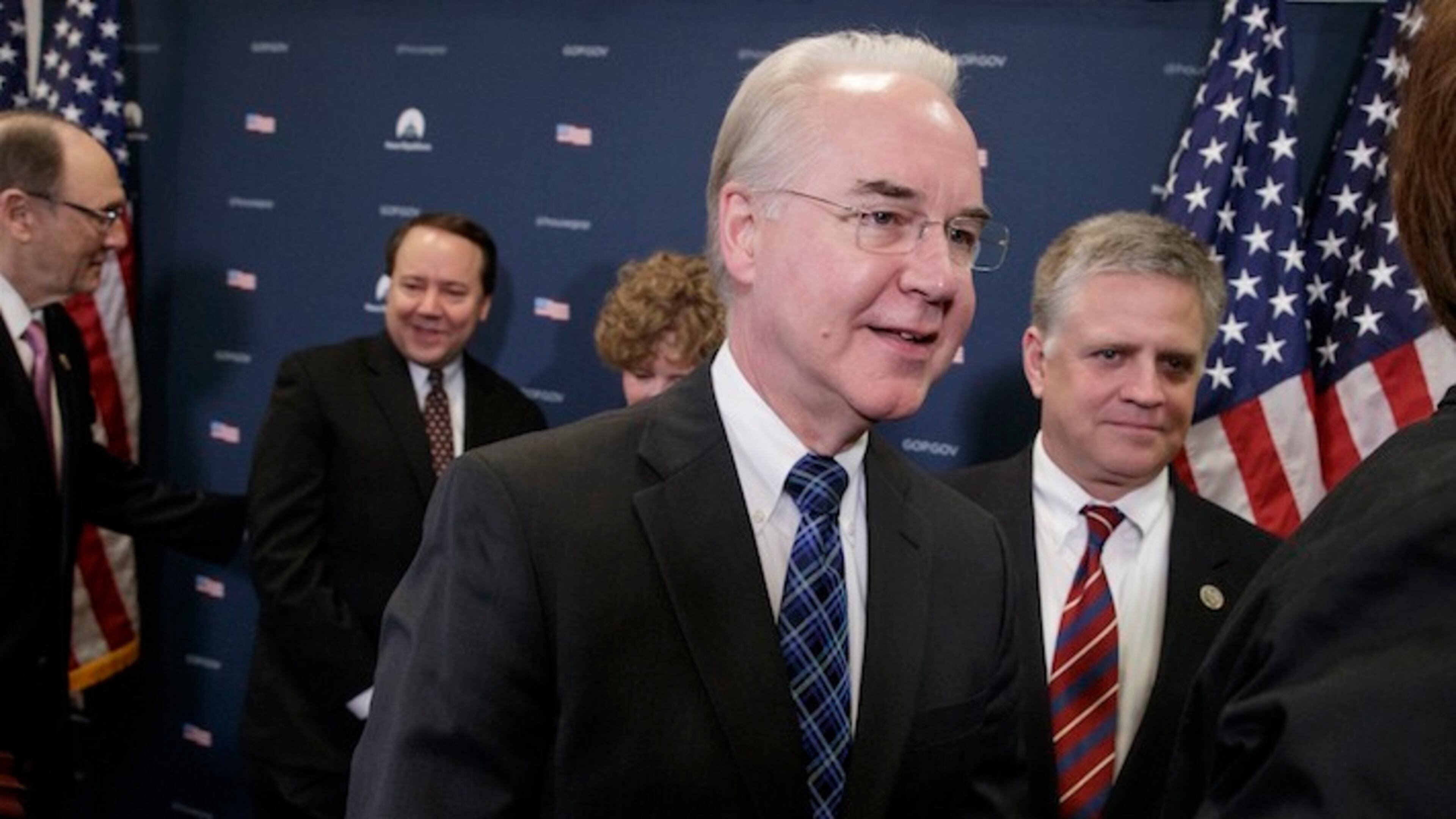 Health and Human Services Secretary Tom Price, a doctor and former congressman, center, joins the Republican Conference to push for unity on advancing the GOP's replacement health care bill. (AP Photo/J. Scott Applewhite)