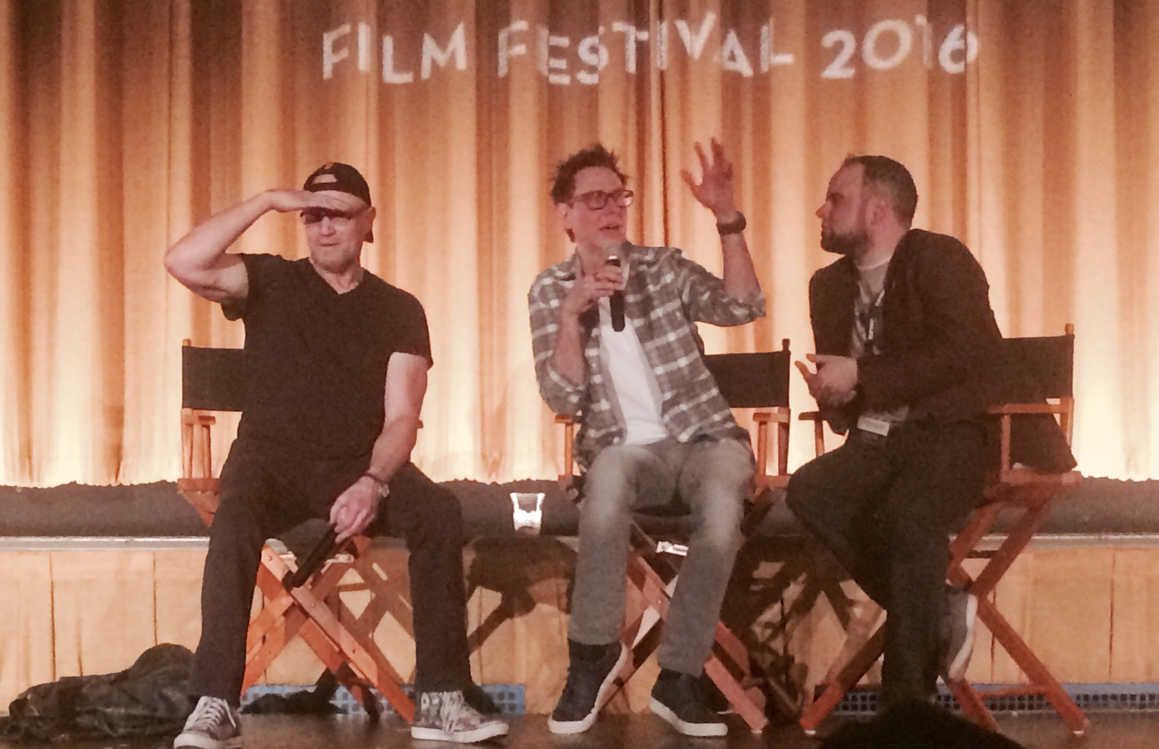 "Guardians of the Galaxy" actor Michael Rooker, from left and director James Gunn joined Atlanta Film Festival executive director Chris Escobar for a fan Q&A. Photo: Jennifer Brett