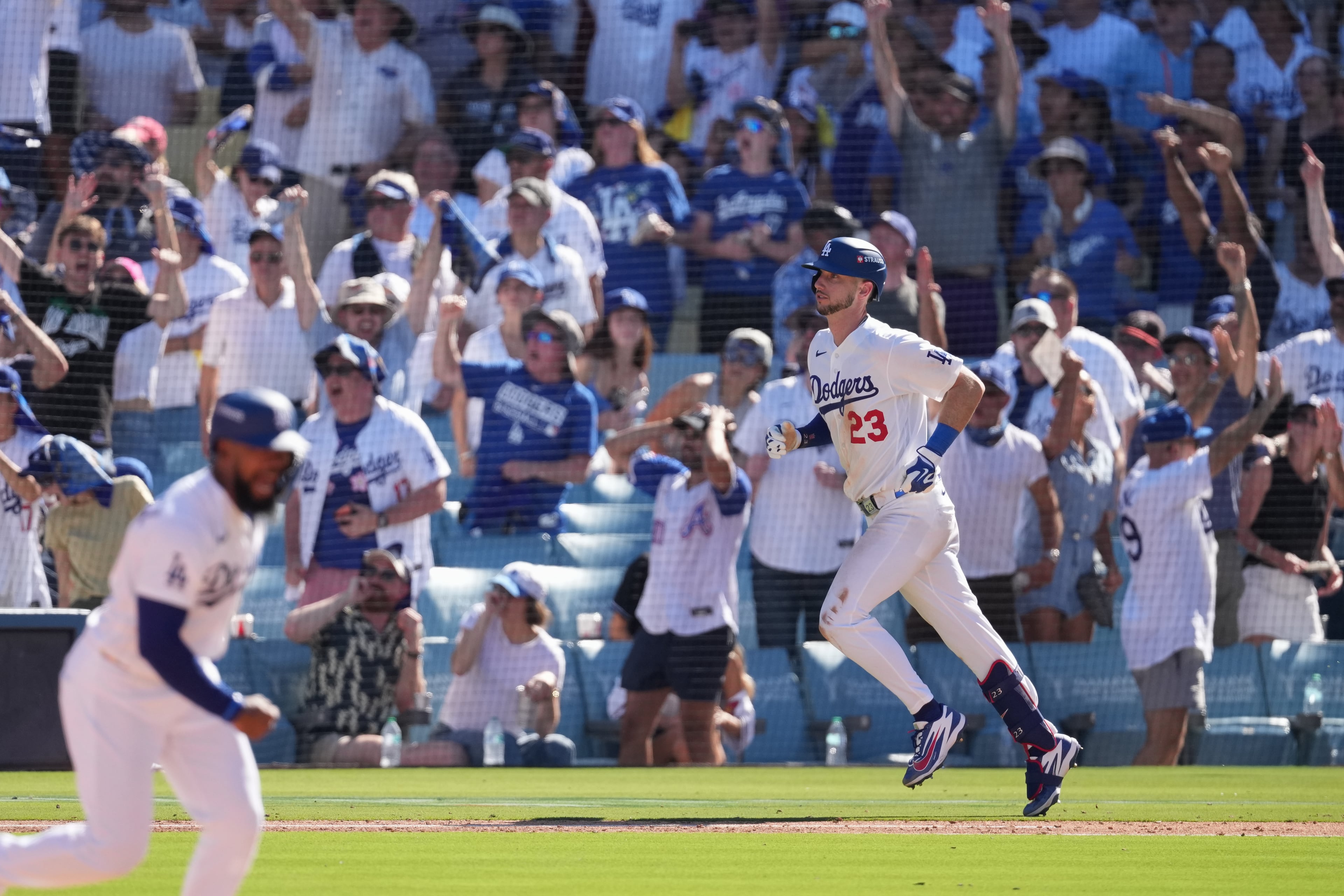 Los Angeles Dodgers' Kyle Tucker watches his two-run home run during the sixth inning of Game 1 of a National League Division Series baseball game against the Atlanta Braves Saturday, Oct. 3, 2026, in Los Angeles. (Jae C. Hong/AP)