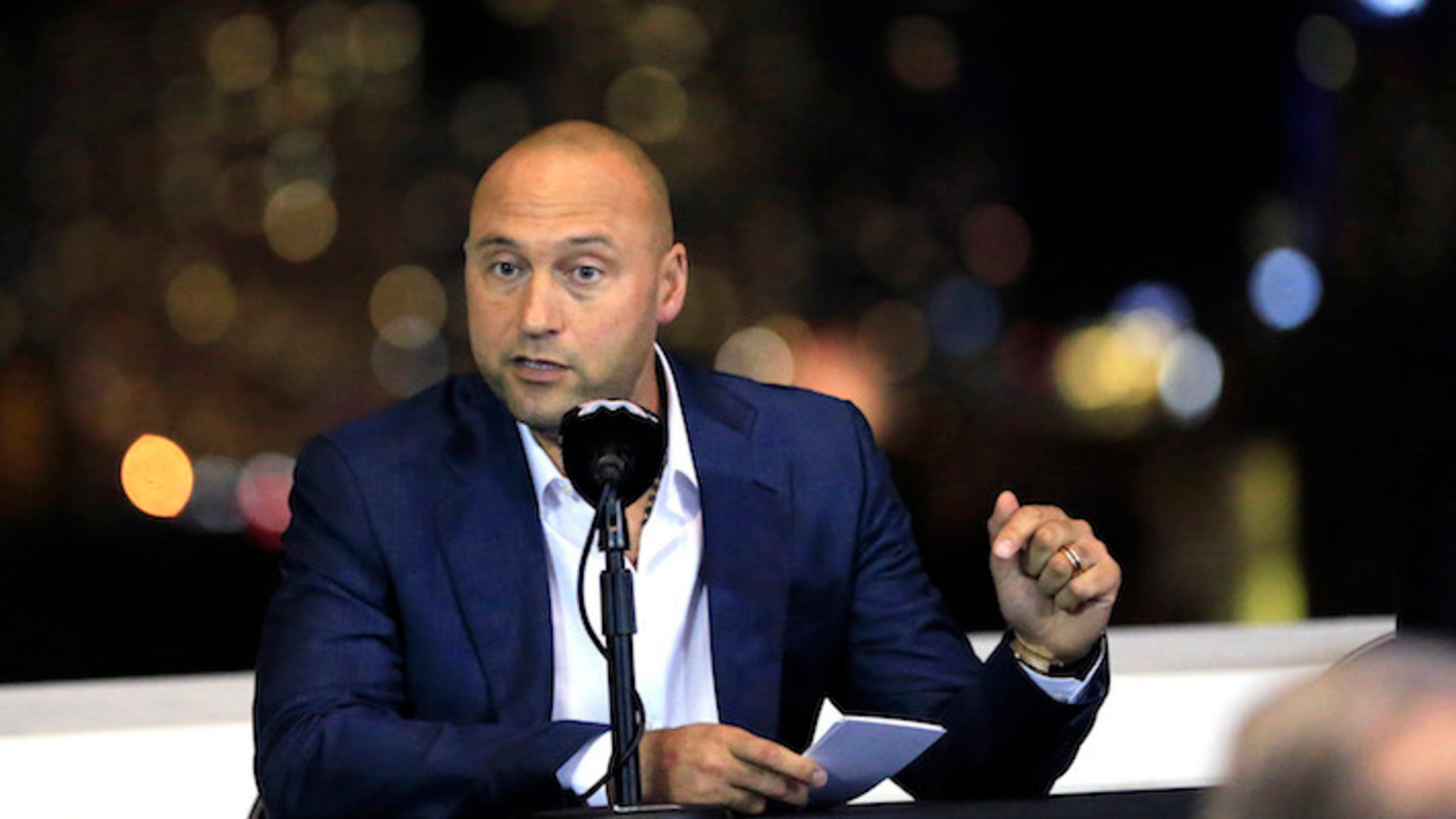Miami Marlins co-owner Derek Jeter speaks during a town hall meeting at Marlins Park in Miami on Tuesday, Dec. 19, 2017. (Al Diaz/Miami Herald/TNS)