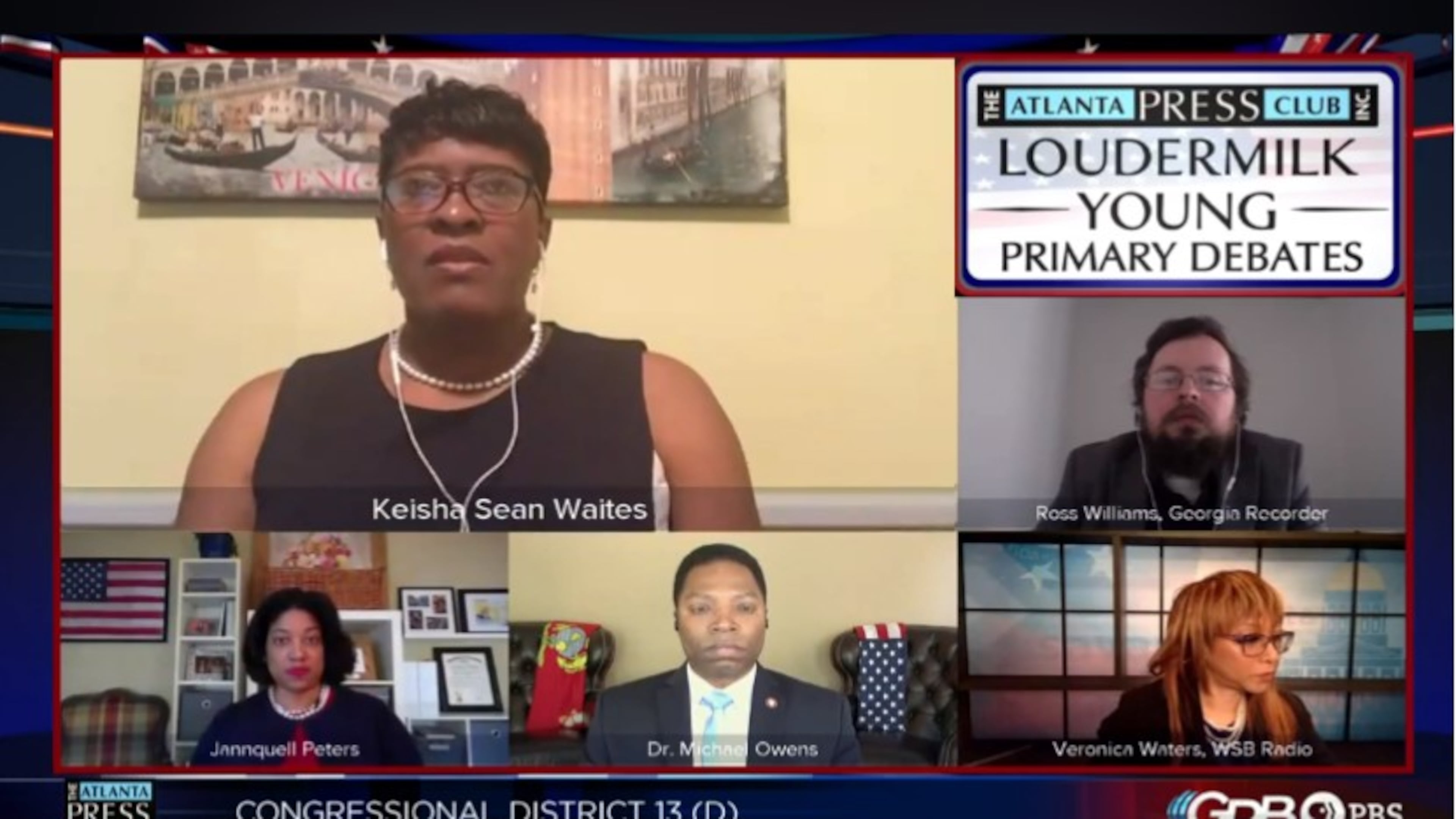 Screenshot of three Democrats hoping to unseat incumbent U.S. Rep. David Scott in the June 9 primary participating in the Atlanta Press Club debate on May 4. Scott declined to attend.