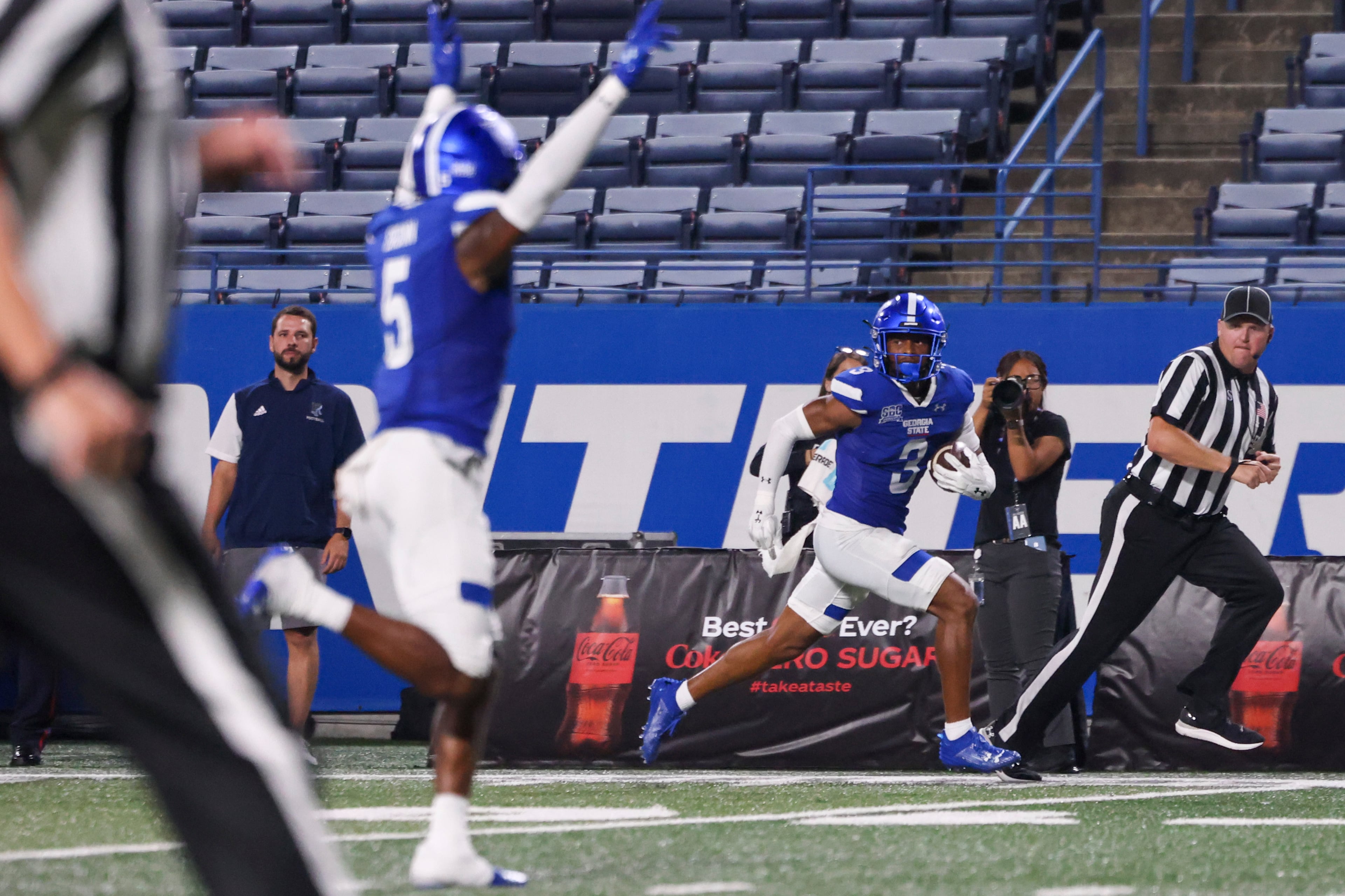 Georgia State defensive back Gavin Pringle (3) returns an interception 21 yards for a touchdown during the second half against Rhode Island at Center Parc Stadium, Thursday, August 31, 2023, in Atlanta. Georgia State won 42-35. (Jason Getz / Jason.Getz@ajc.com)