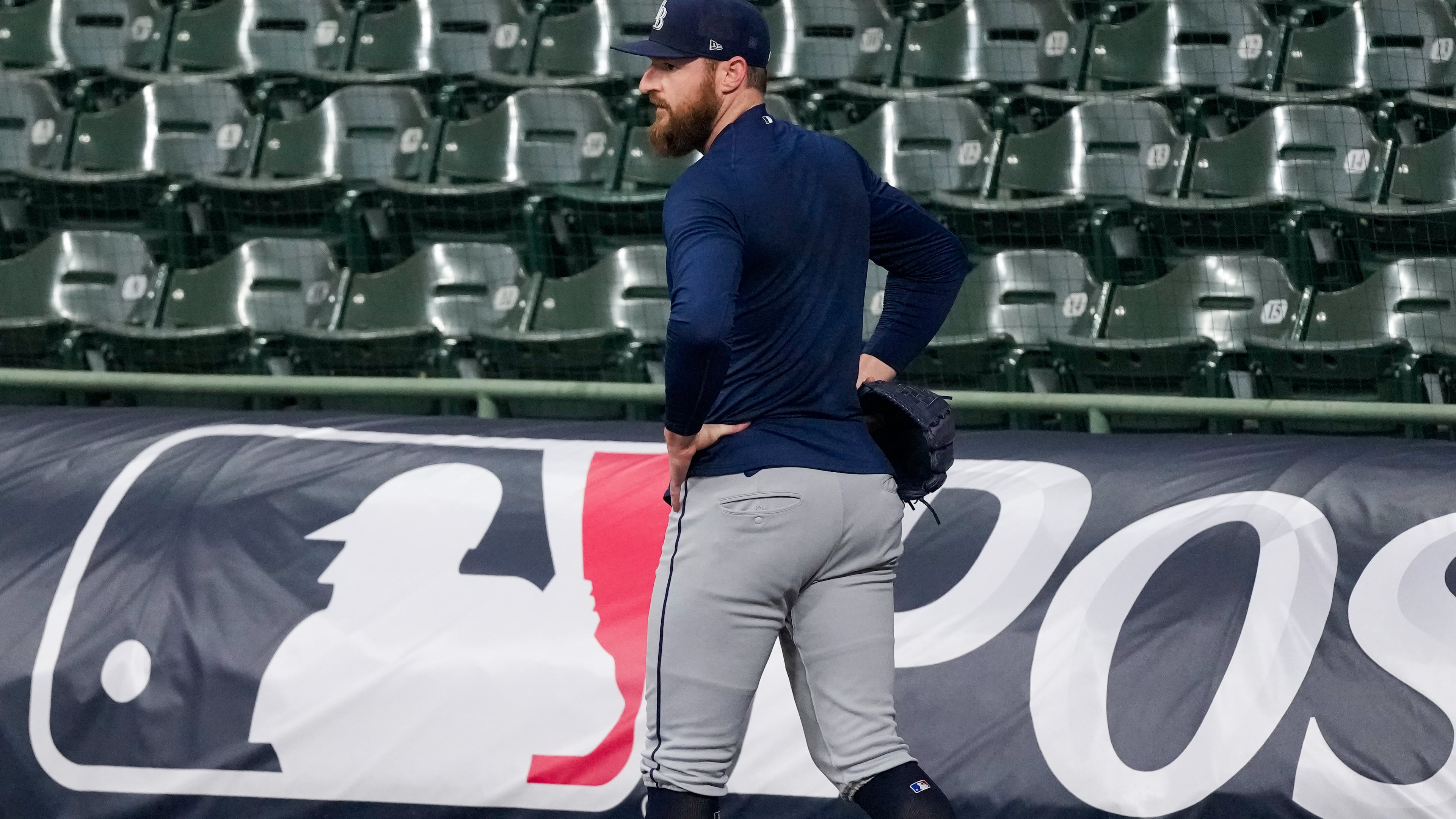 Tampa Bay Rays pitcher Drew Rasmussen throws during a World Series baseball media day, Thursday, Oct. 22, 2026, in Milwaukee, ahead of Game 1 between the Milwaukee Brewers and the Tampa Bay Rays. (AP Photo/David J. Phillip)