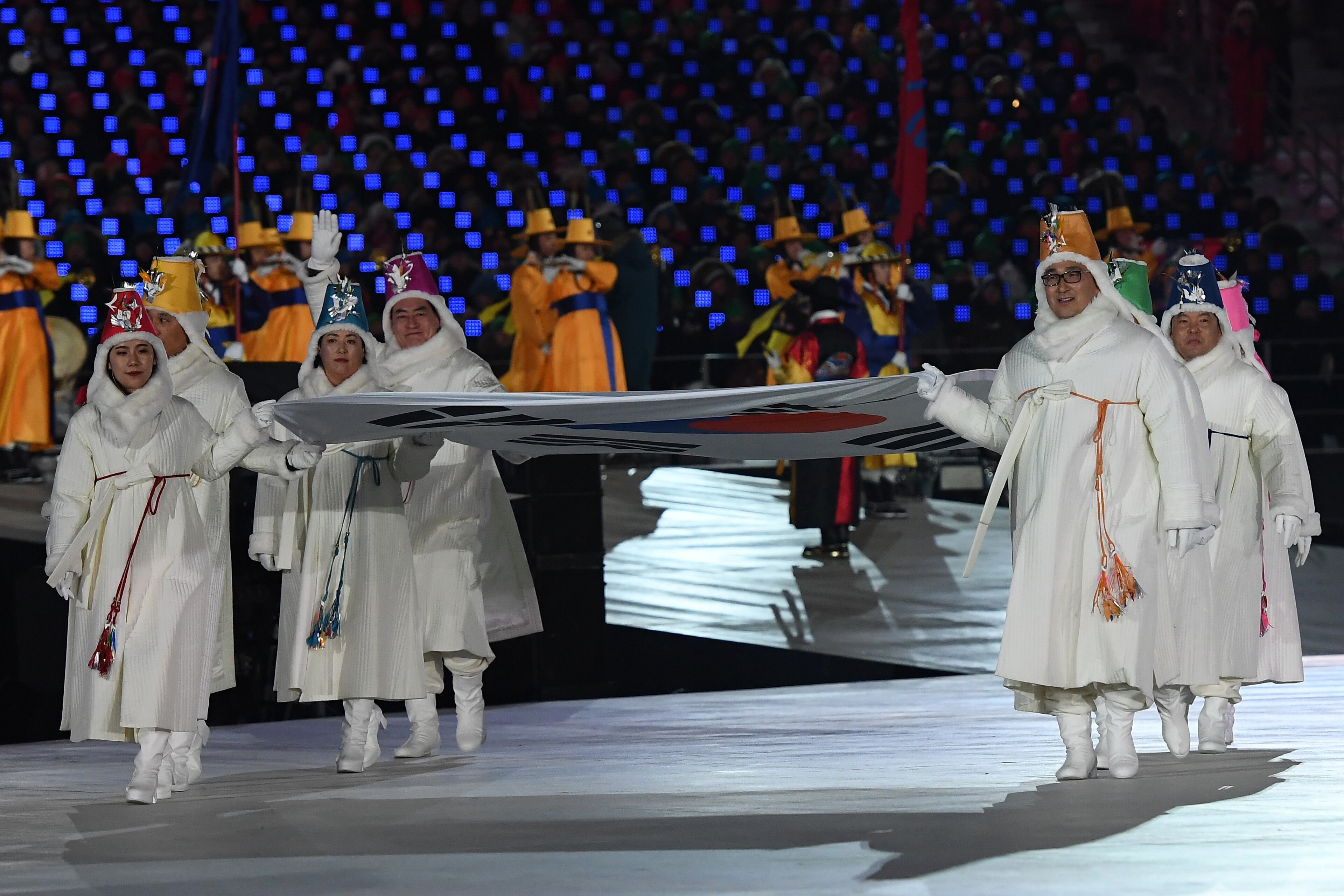 PYEONGCHANG-GUN, SOUTH KOREA - FEBRUARY 09: The South Korean flag is carried during the Opening Ceremony of the PyeongChang 2018 Winter Olympic Games at PyeongChang Olympic Stadium on February 9, 2018 in Pyeongchang-gun, South Korea. (Photo by Quinn Rooney/Getty Images)