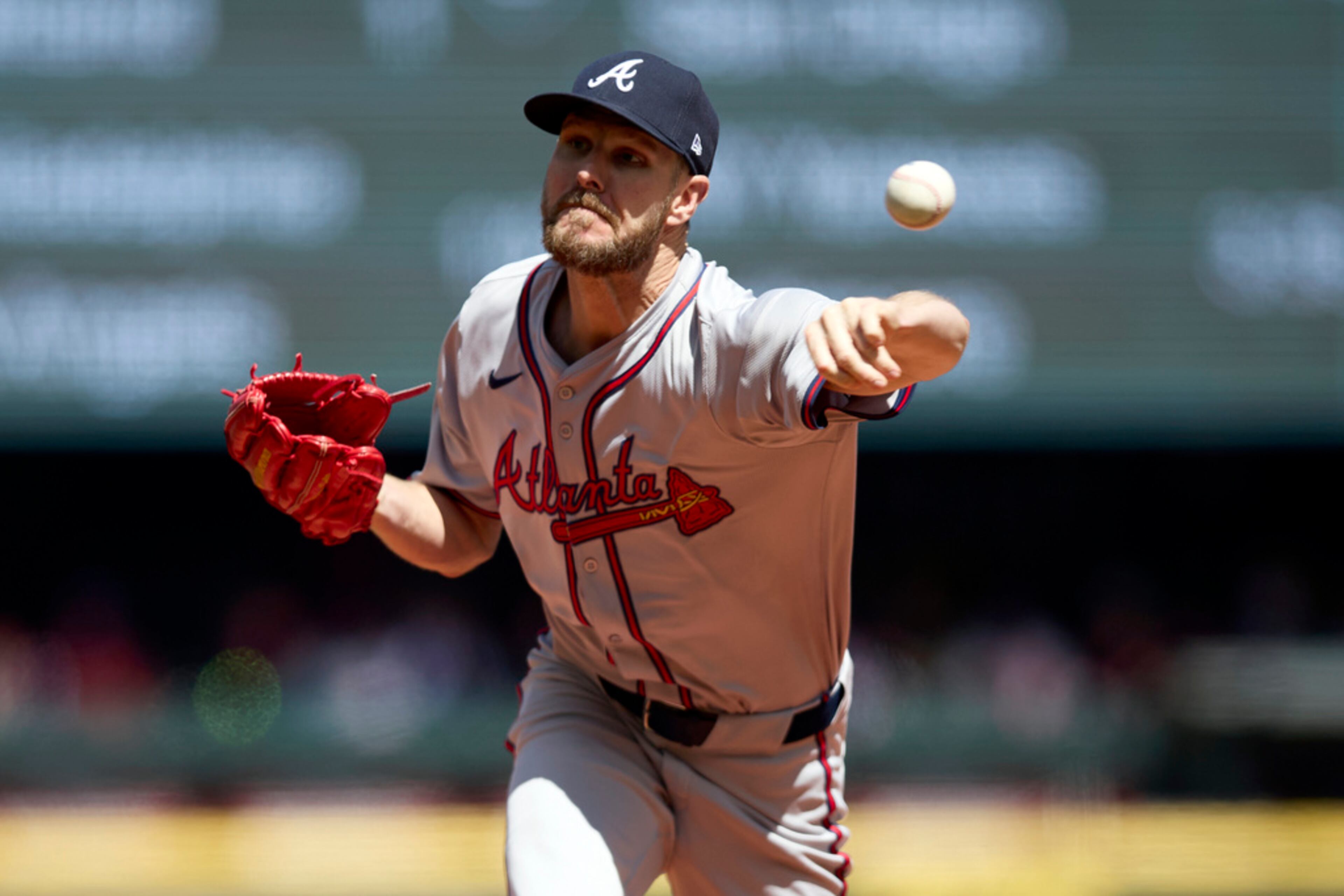 Atlanta Braves pitcher Chris Sale throws to a Seattle Mariners' batter during the second inning of a baseball game, Wednesday, May 1, 2024, in Seattle. The Braves won 5-2. (AP Photo/John Froschauer)