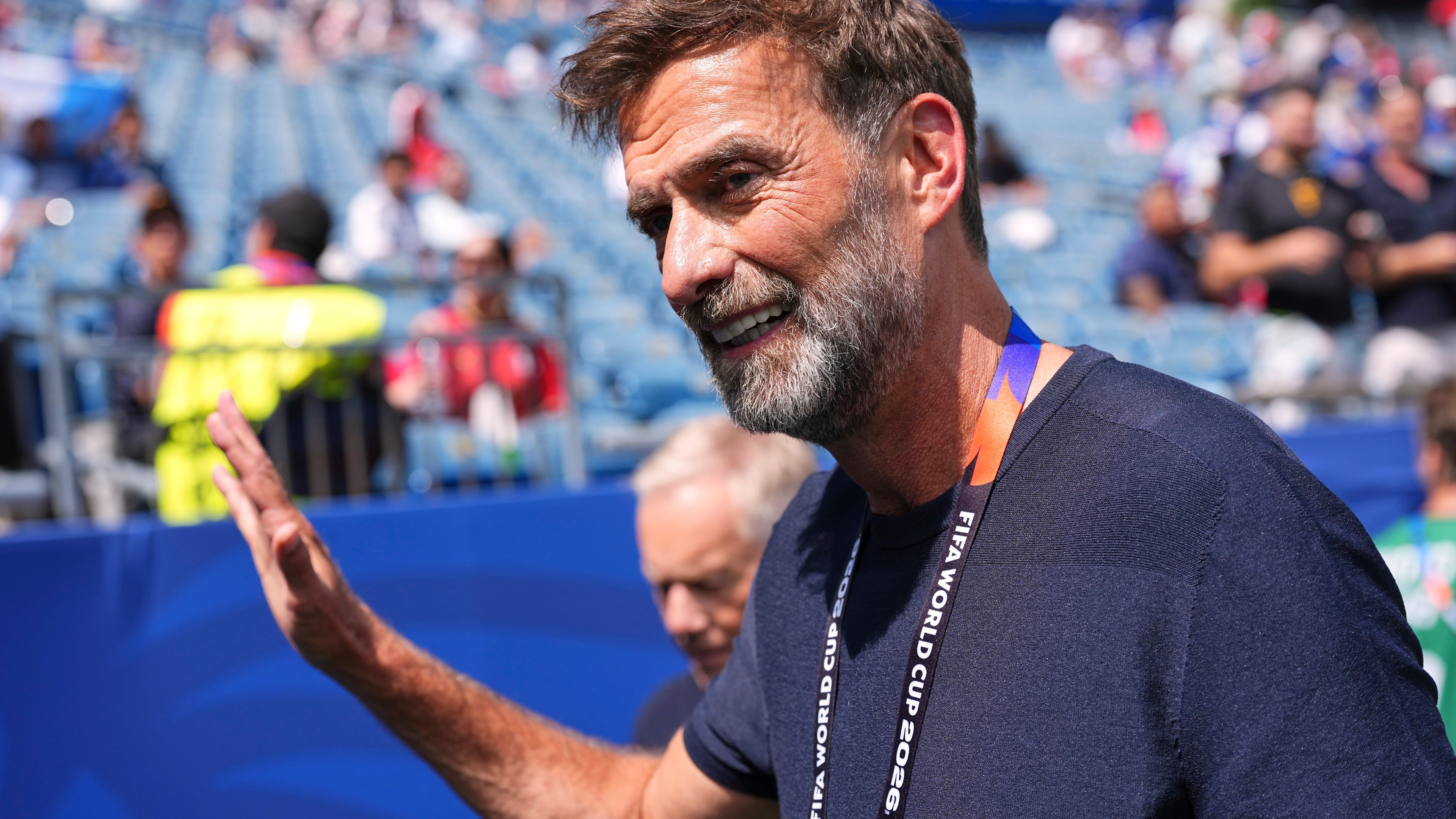Jürgen Klopp, who is expected to become the new head coach of the Germany national soccer team, is seen on the pitch prior to the World Cup quarterfinal soccer match between France and Morocco in Foxborough, Mass., near Boston, Thursday, July 9, 2026. (AP Photo/Martin Meissner)