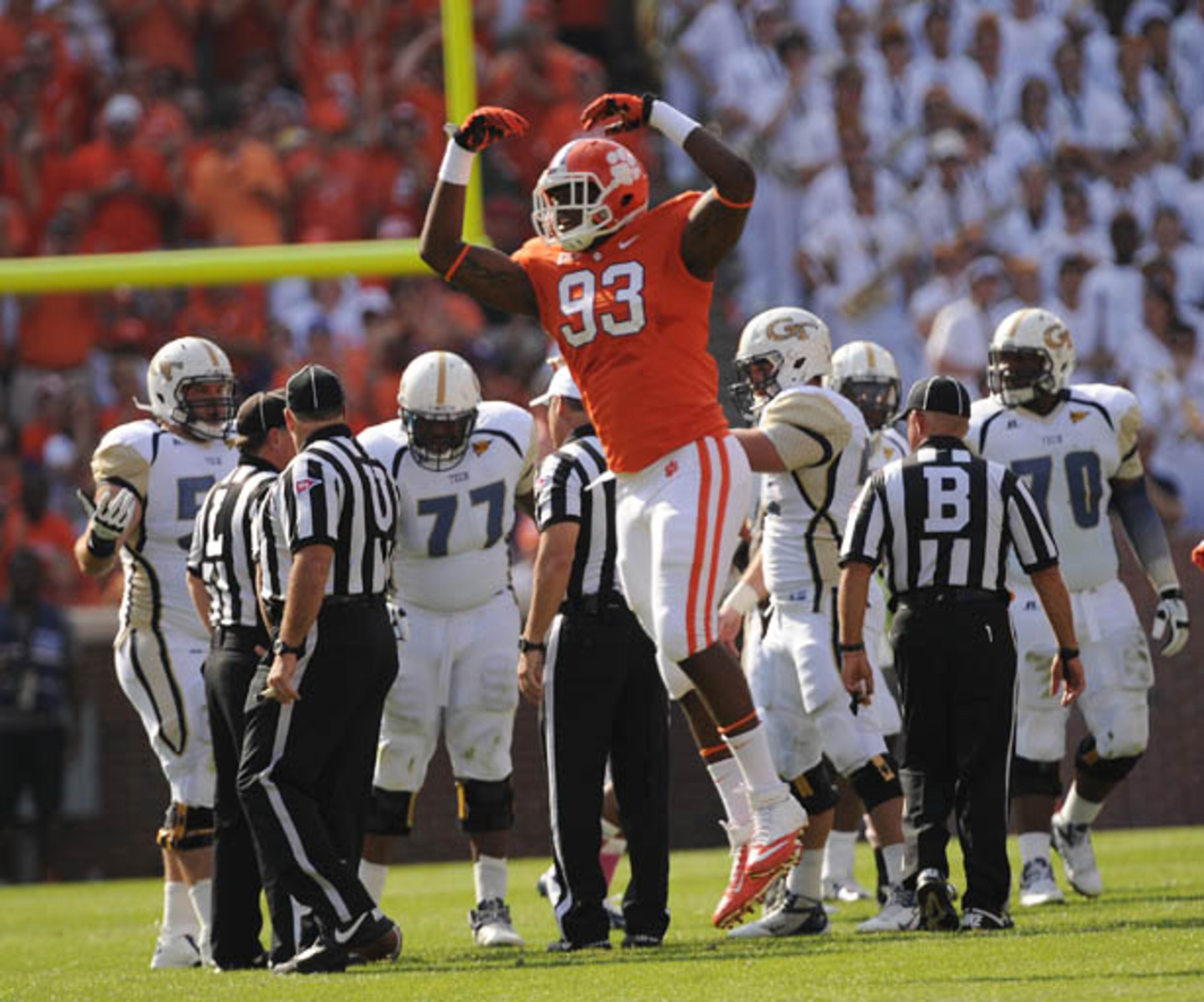 Clemson's Corey Crawford (93) celebrates after Georgia Tech turned the ball over on downs in the first quarter.
