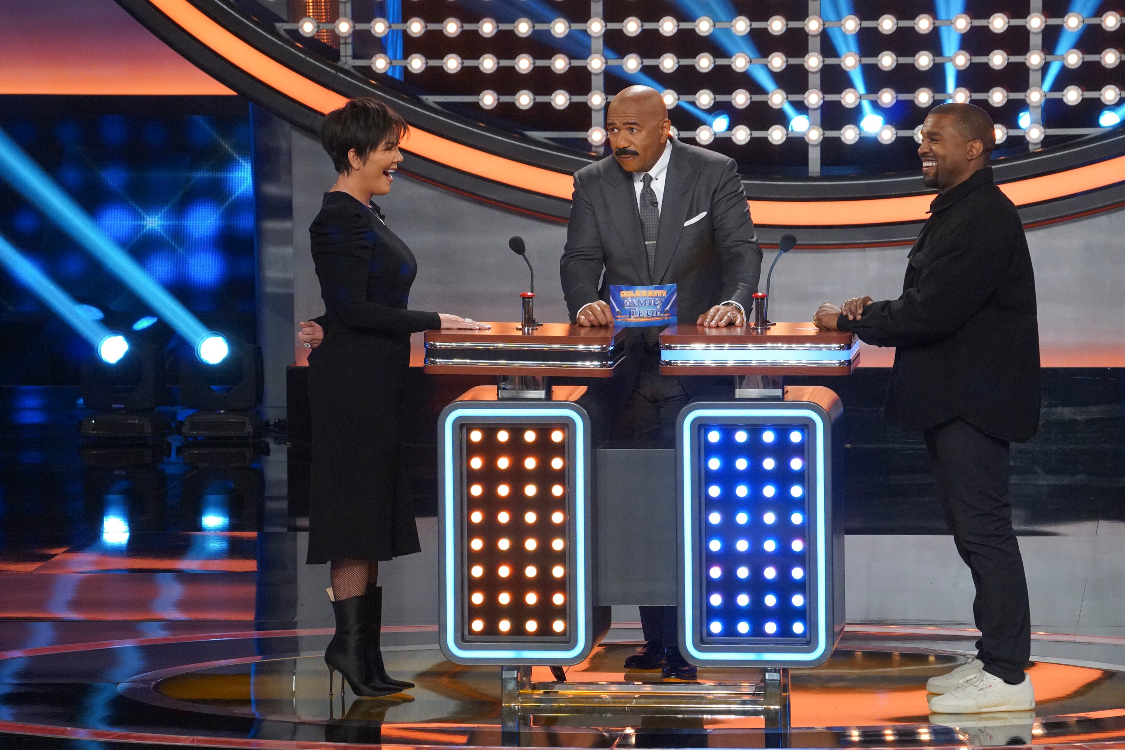 CELEBRITY FAMILY FEUD - "The Kardashian Family vs. The West Family" - The hour-long episode will feature the family that everyone has been waiting to see battle it out on "Celebrity Family Feud," the Kardashian family vs. the West family! The season premiere of "Celebrity Family Feud" airs SUNDAY, JUNE 10 (8:00-9:00 p.m. EDT), on The ABC Television Network. (ABC/Byron Cohen)
KRIS JENNER, STEVE HARVEY, KANYE WEST
