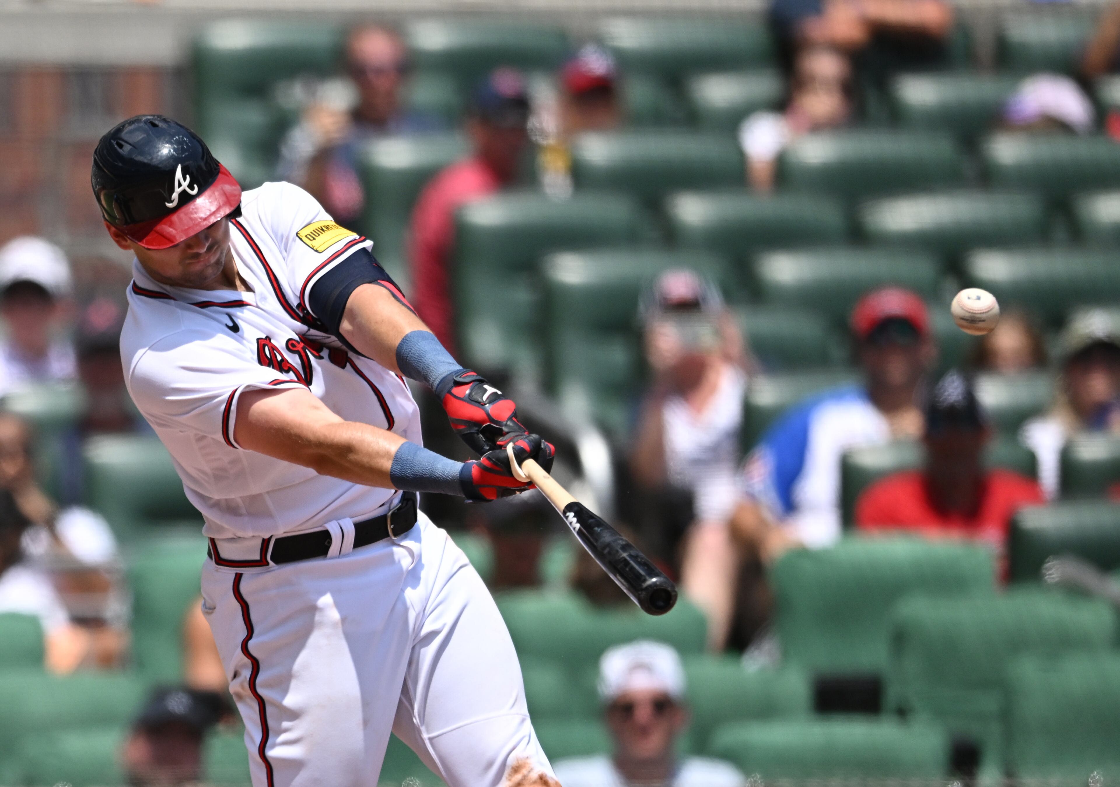 Braves third baseman Austin Riley (27) hits a three-run home run against the Arizona Diamondbacks during the eighth inning. (Hyosub Shin / Hyosub.Shin@ajc.com)