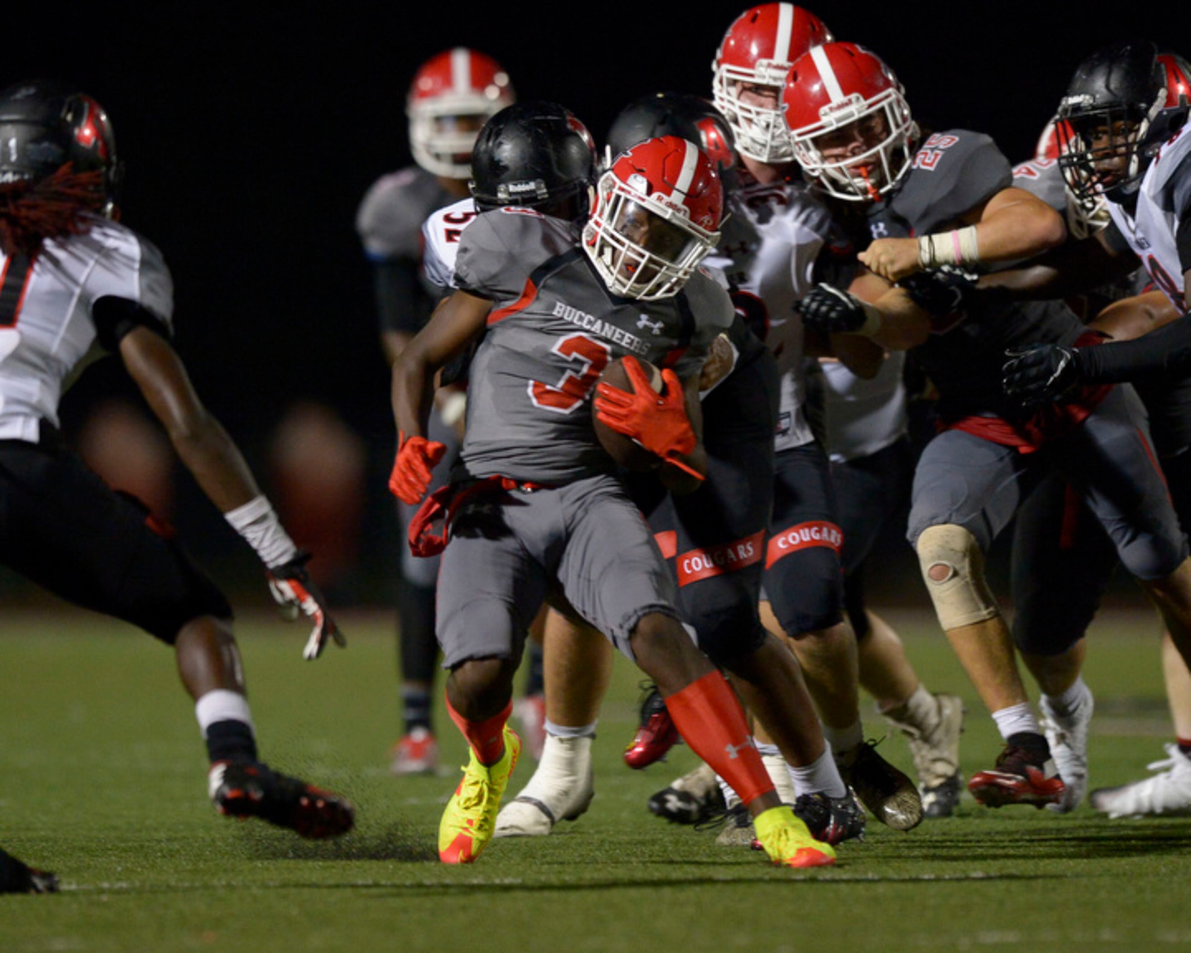 Buccaneer junior RB Daniel Parsons (3) gains yardage in the second half of his game against the Alexander Cougars at Allatoona Friday, August 25, 2017. Special/Daniel Varnado