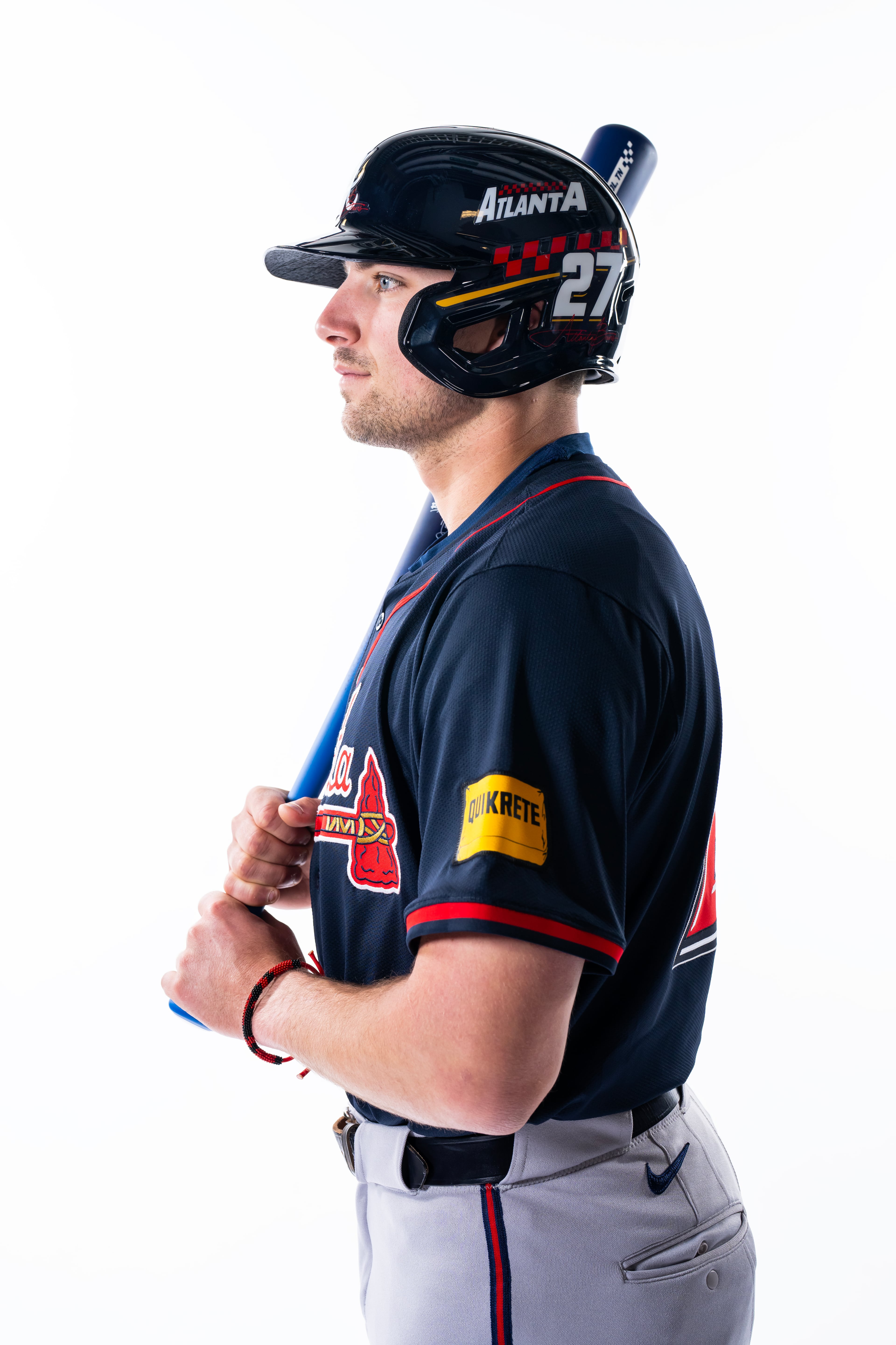 The Braves' Austin Riley shows off the MLB Speedway Classic uniform during a shoot at Truist Park on Tuesday, May 6, 2025 in Atlanta. (Daniel Shirey/MLB Photos via Getty Images)