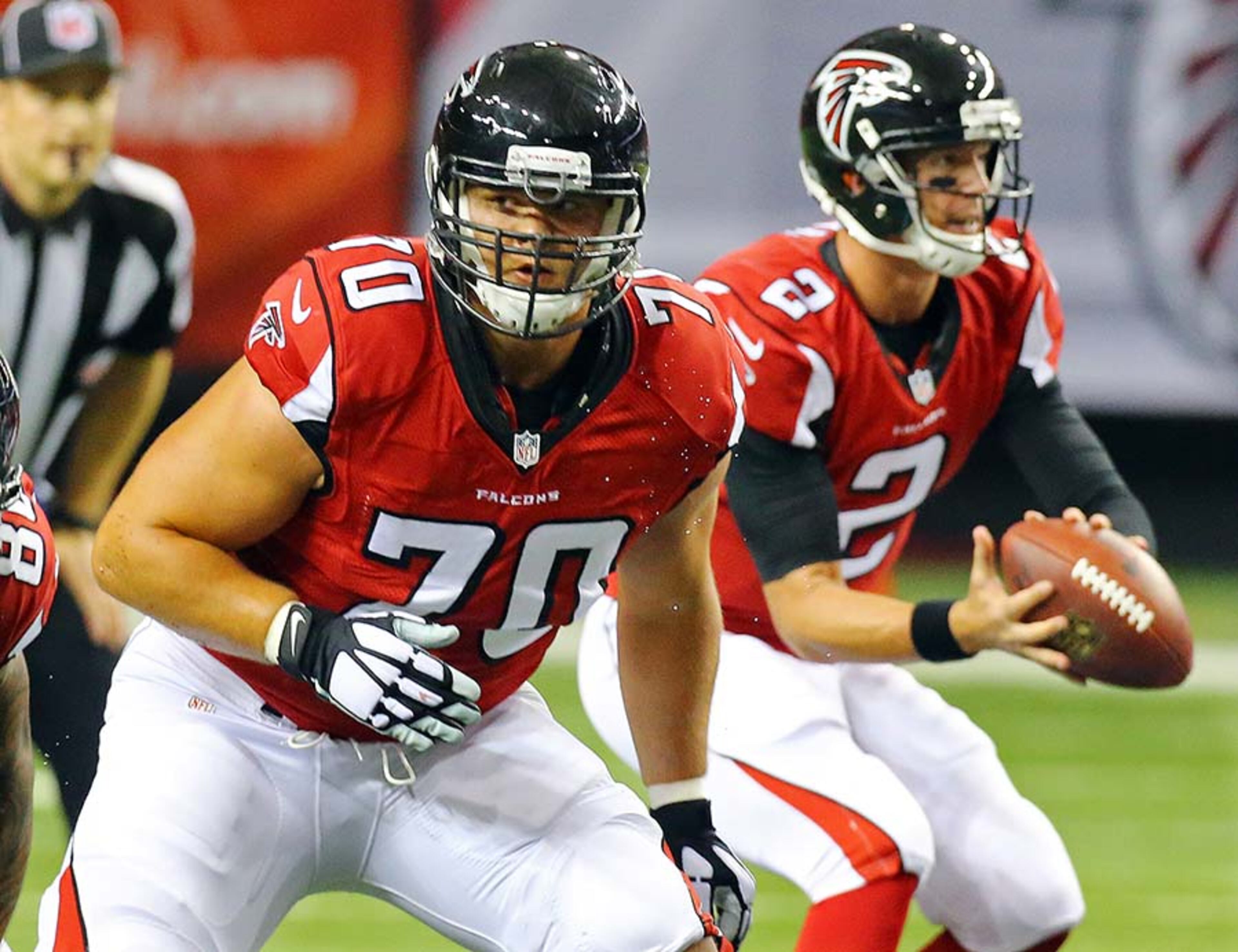 The Falcons' revamped offensive line this offseason with Jake Matthews (70) as the key addition.