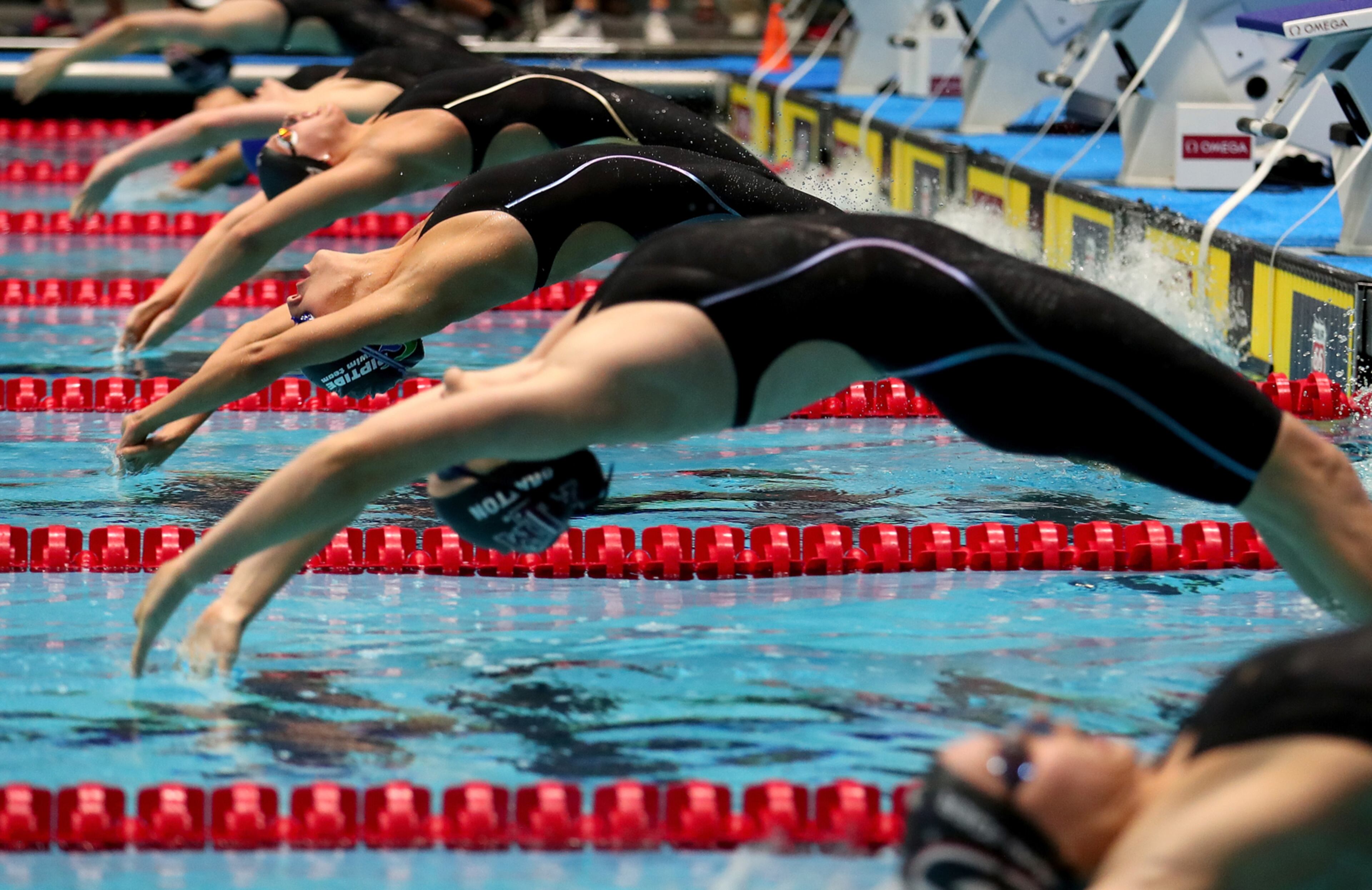 ***BESTPIX*** INDIANAPOLIS, IN - JUNE 28: Swimmers starts in the Women's 200 LC Meter Backstroke Final during the 2017 Phillips 66 National Championships & World Championship Trials at Indiana University Natatorium on June 28, 2017 in Indianapolis, Indiana. (Photo by Tom Pennington/Getty Images)