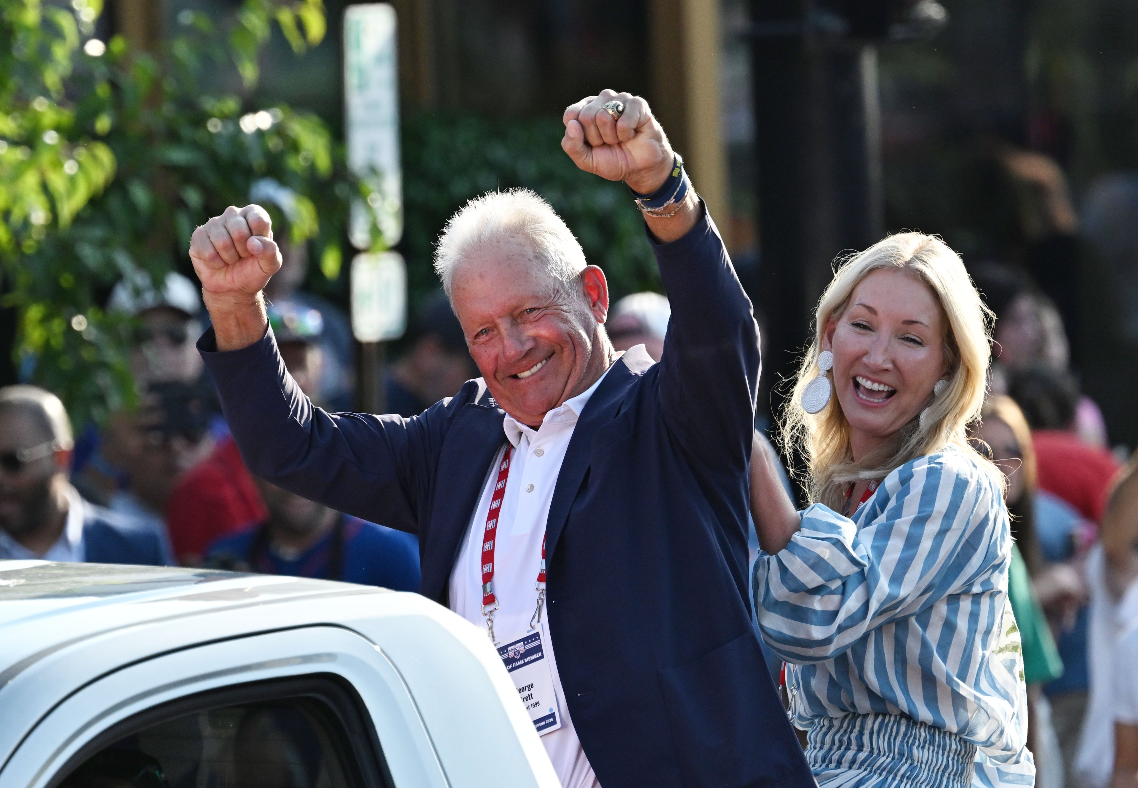 National Baseball Hall of Fame member George Brett reacts during the Hall of Fame Legends Parade on Saturday, July 25, 2026, in Cooperstown, N.Y. (Hyosub Shin/AJC)