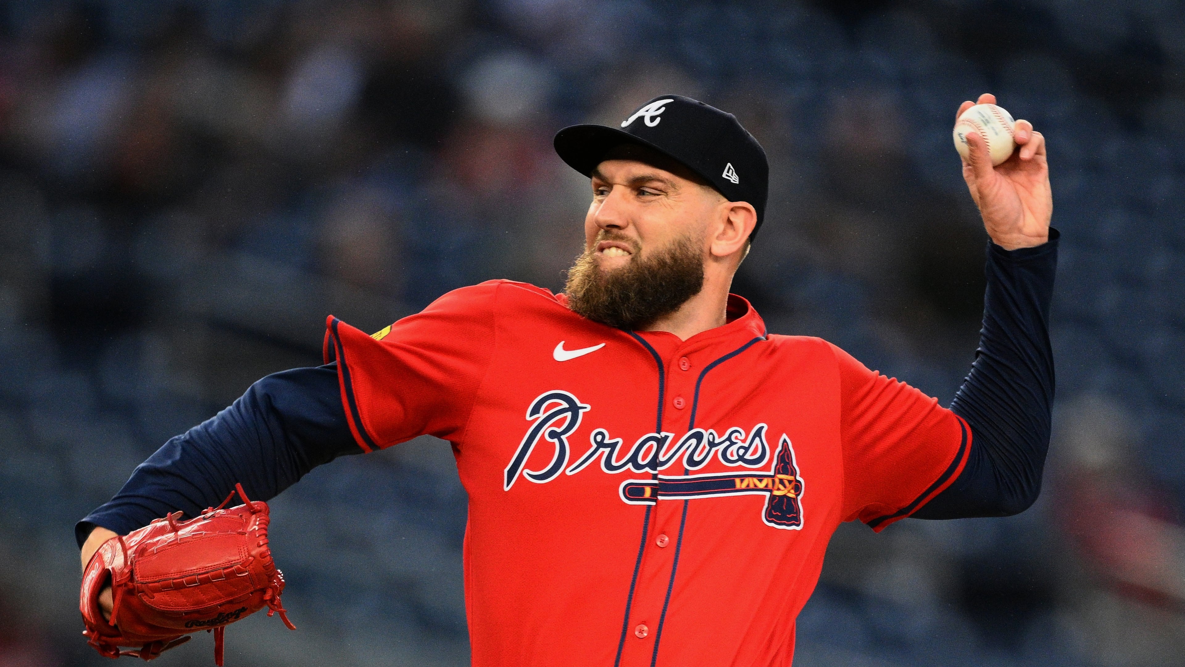 FILE - Atlanta Braves relief pitcher Dylan Lee throws during the seventh inning of a baseball game against the Washington Nationals, Sept. 17, 2025, in Washington. (AP Photo/Nick Wass, File)